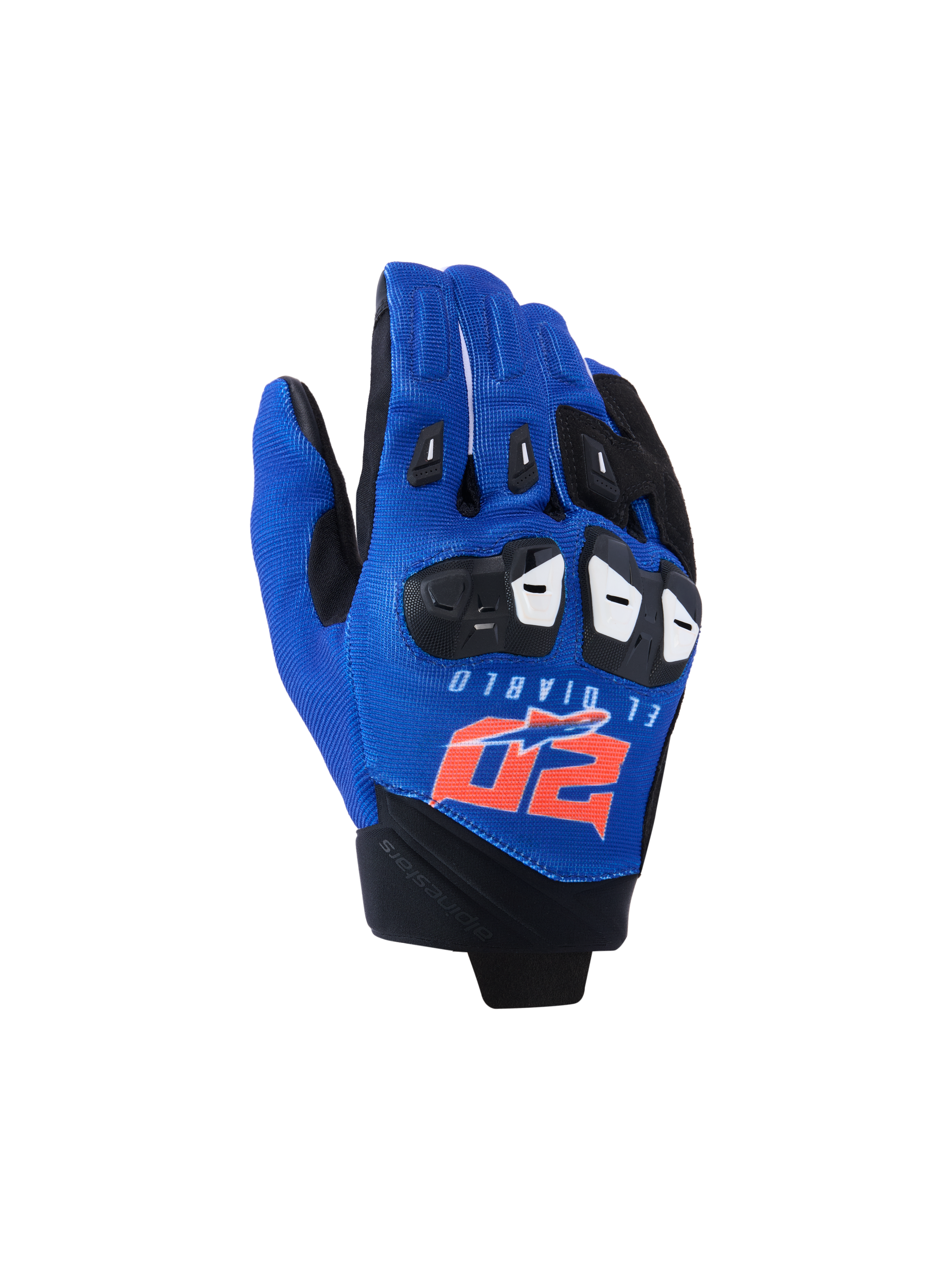 Alpinestars FQ20 SP X 1 handschoenen, sportieve motorhandschoenen, blauw, zwart en fluorood, voorzien van El Diablo- en 20-branding op de rug, bovenzijde van textiel mesh met zwarte knokkelbescherming, gestroomlijnd ontwerp voor racen en sportief rijden