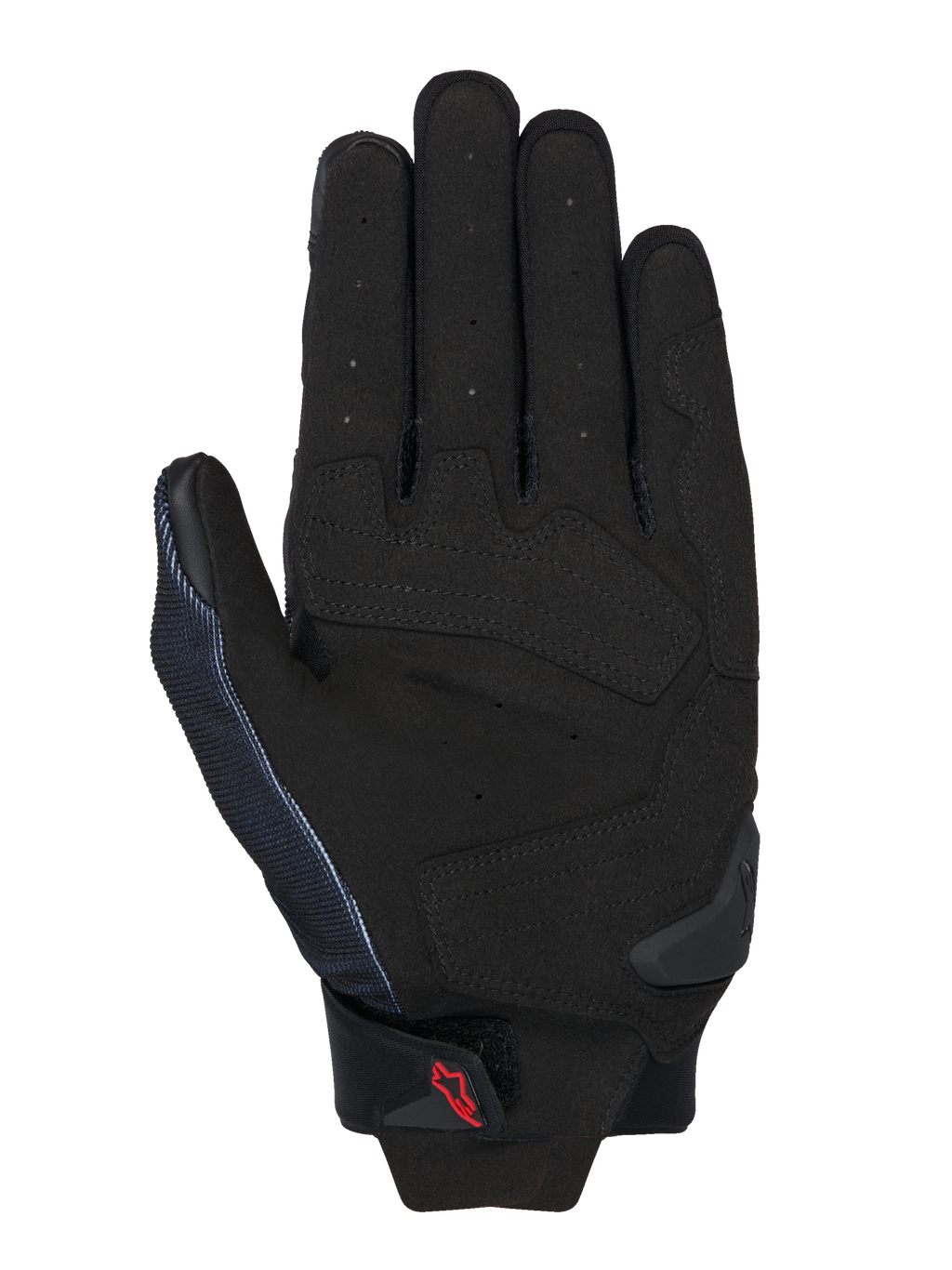 Gants Alpinestars MM93 Spx 1, noir, vue de la paume montrant la construction en cuir synthétique avec zones de frappe renforcées, doigts perforés pour la ventilation, slider de paume en TPR et petit logo Alpinestars rouge sur la sangle du poignet.