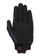 Gants Alpinestars MM93 Spx 1, noir, vue de la paume montrant la construction en cuir synthétique avec zones de frappe renforcées, doigts perforés pour la ventilation, slider de paume en TPR et petit logo Alpinestars rouge sur la sangle du poignet.