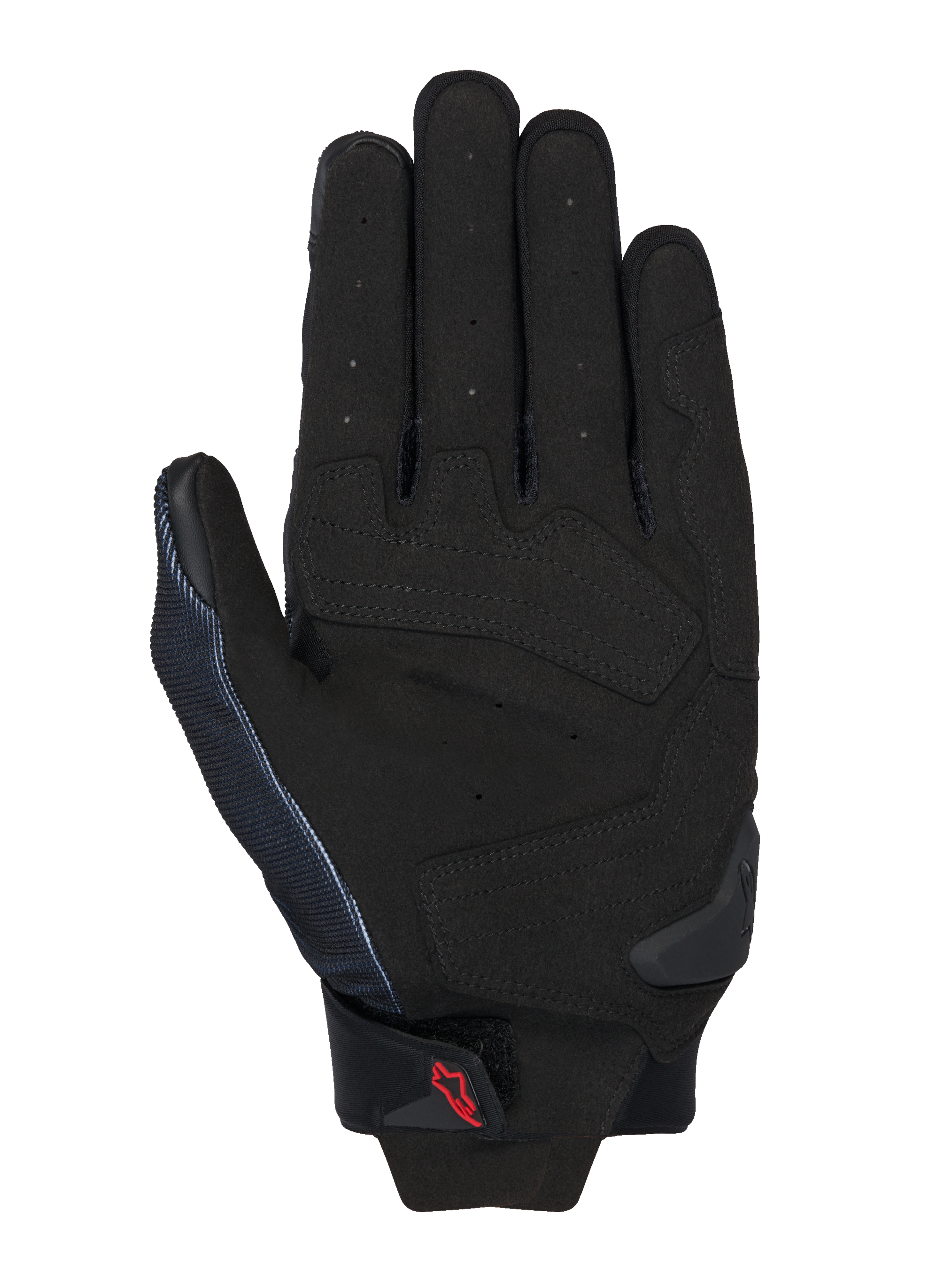 Gants Alpinestars MM93 Spx 1, noir, vue de la paume montrant la construction en cuir synthétique avec zones de frappe renforcées, doigts perforés pour la ventilation, slider de paume en TPR et petit logo Alpinestars rouge sur la sangle du poignet.
