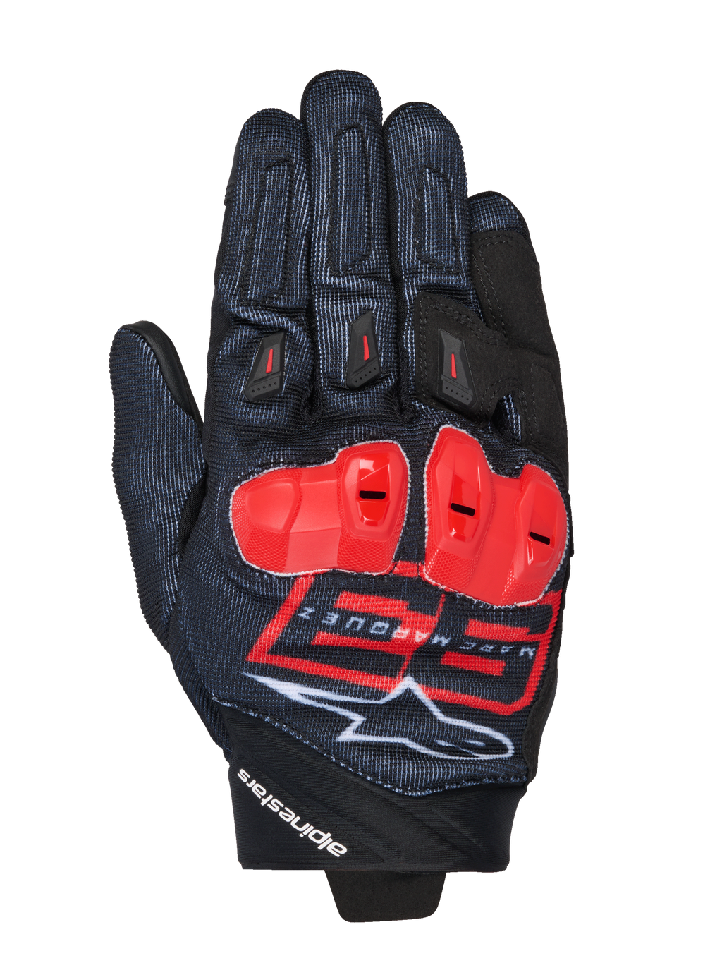 Gants MM93 Spx 1, gants de moto racing, noirs avec des accents rouge vif et blancs, protections de jointures rouges, arborant le logo Marc Marquez 93 et la marque Alpinestars, tissu texturé au design sportif performant