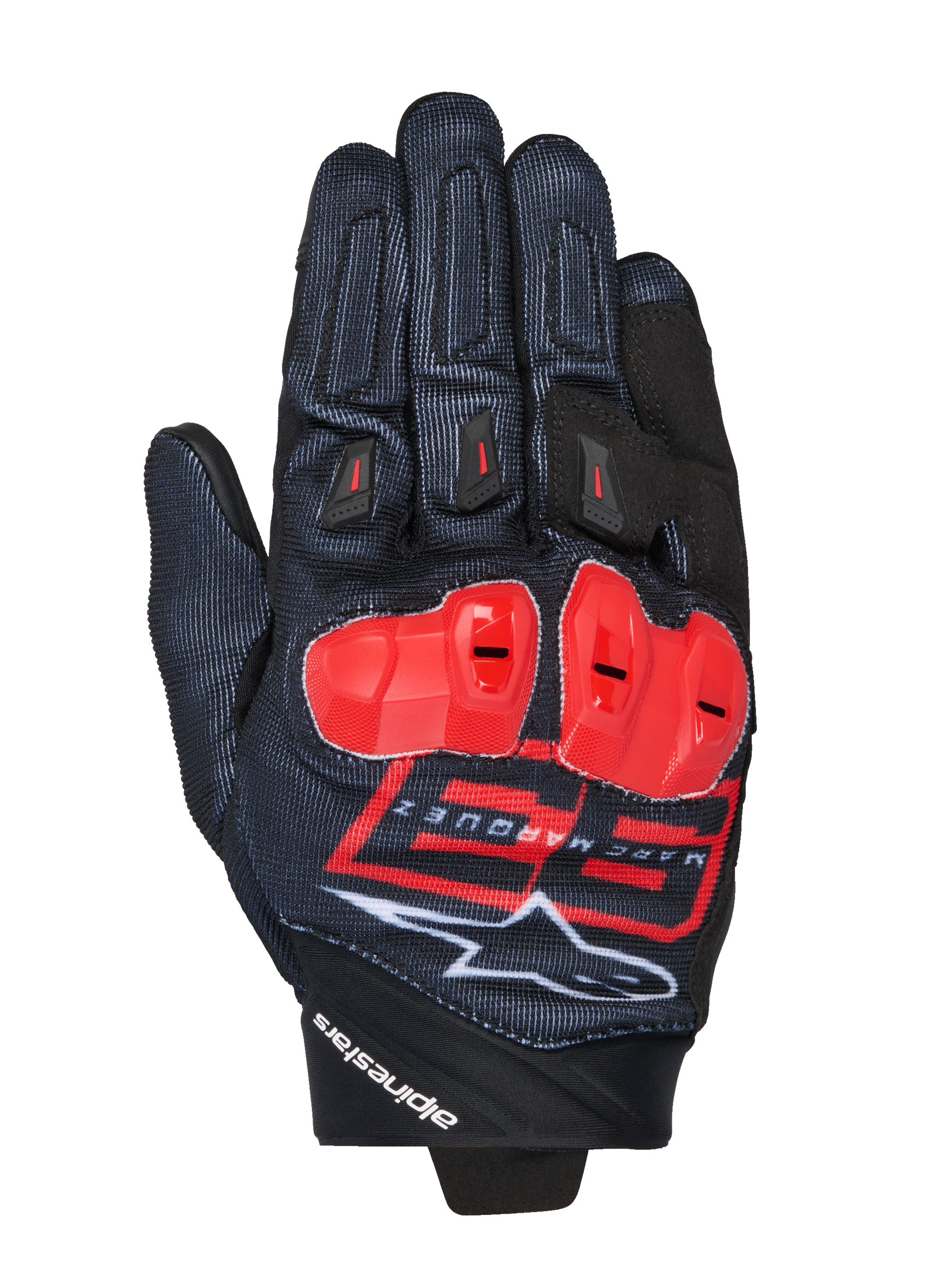 Alpinestars MM93 Spx 1 Handschuhe, Motorrad-Rennsport-Handschuhe, Schwarz mit leuchtend roten und weißen Akzenten, rote Knöchelprotektoren, Marc Marquez 93-Logo und Alpinestars-Branding, strukturiertes Gewebe mit sportlichem Performance-Design