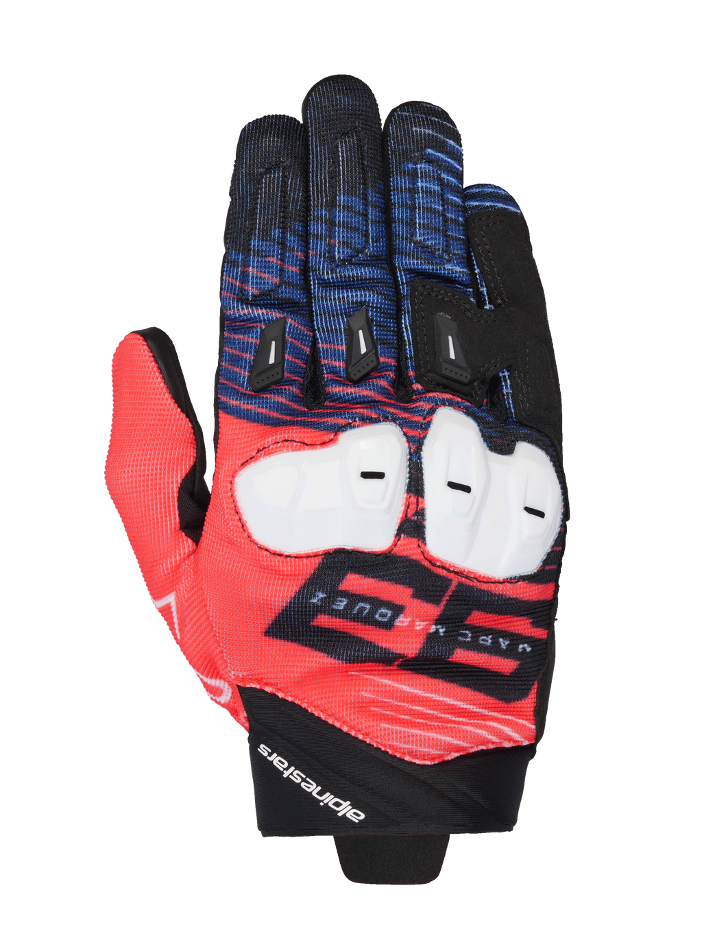 Alpinestars MM93 Spx 1, gants de moto racing, rouges, bleus et noirs, avec protections blanches sur les articulations, graphisme 93 Marc Marquez proéminent, textile texturé avec curseurs de doigts noirs, design racing sportif avec marquage Alpinestars au poignet