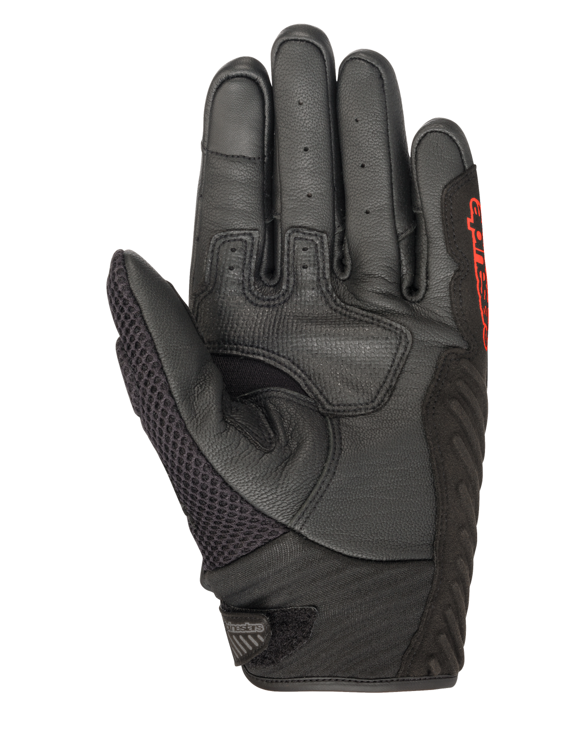 Gants Alpinestars SMX-1 Air V2, Noir et Rouge Fluo, vue de la paume montrant le cuir perforé, le panneau du pouce en mesh, les zones de préhension renforcées et le logo rouge, conçus pour la conduite moto routière estivale