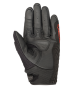 Gants Alpinestars SMX-1 Air V2, Noir et Rouge Fluo, vue de la paume montrant le cuir perforé, le panneau du pouce en mesh, les zones de préhension renforcées et le logo rouge, conçus pour la conduite moto routière estivale