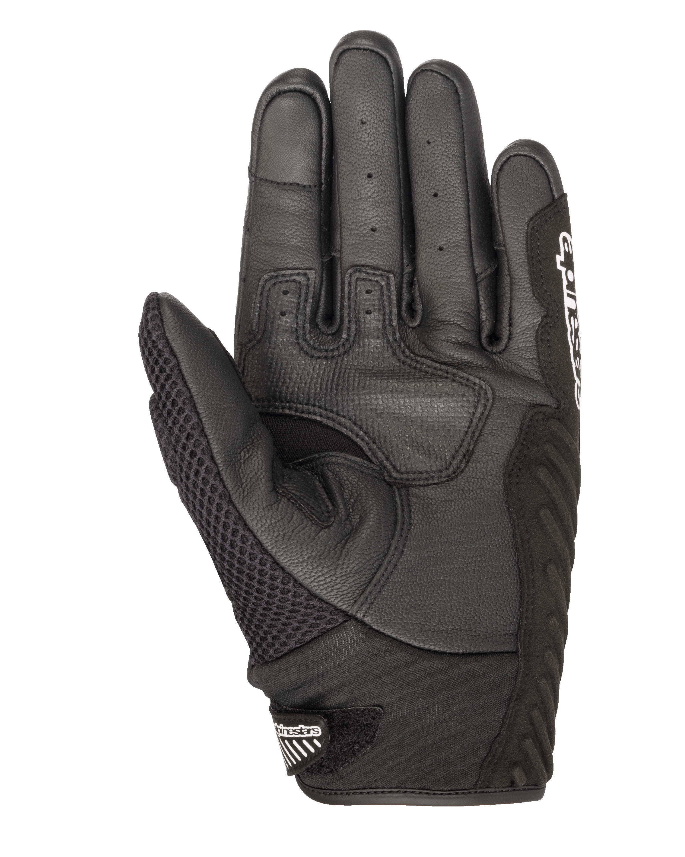 Gants Alpinestars SMX-1 Air V2, gants de moto, noirs, vue de la paume montrant la construction en cuir perforé et maille aérée, zones de préhension renforcées, manchette courte avec logo Alpinestars sur la fermeture