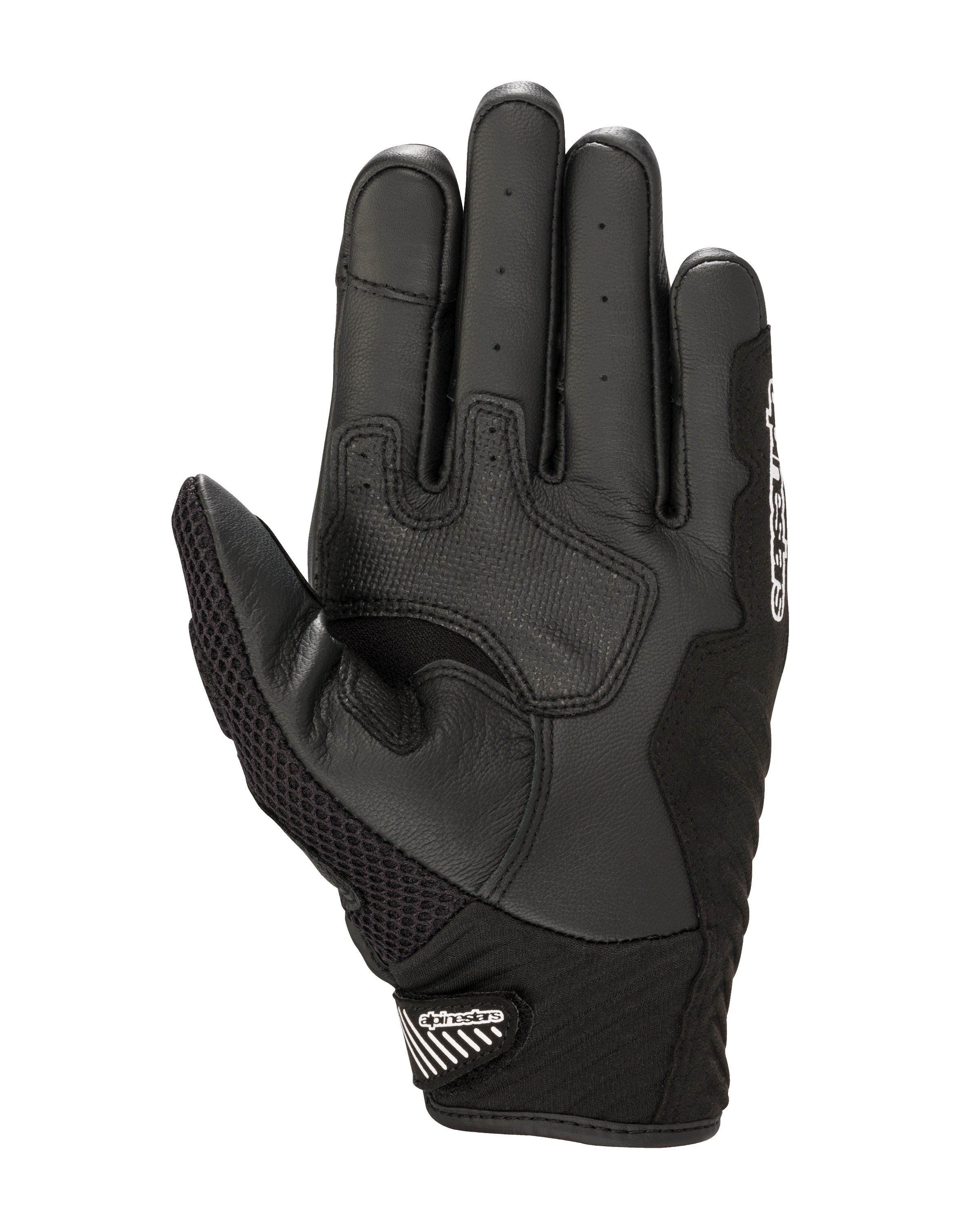 Gants Alpinestars SMX-1 Air V2, vue de la paume, noir et blanc, dotés de zones d'adhérence en cuir renforcé, d'une paume perforée pour la ventilation et d'une manchette courte avec fermeture velcro.