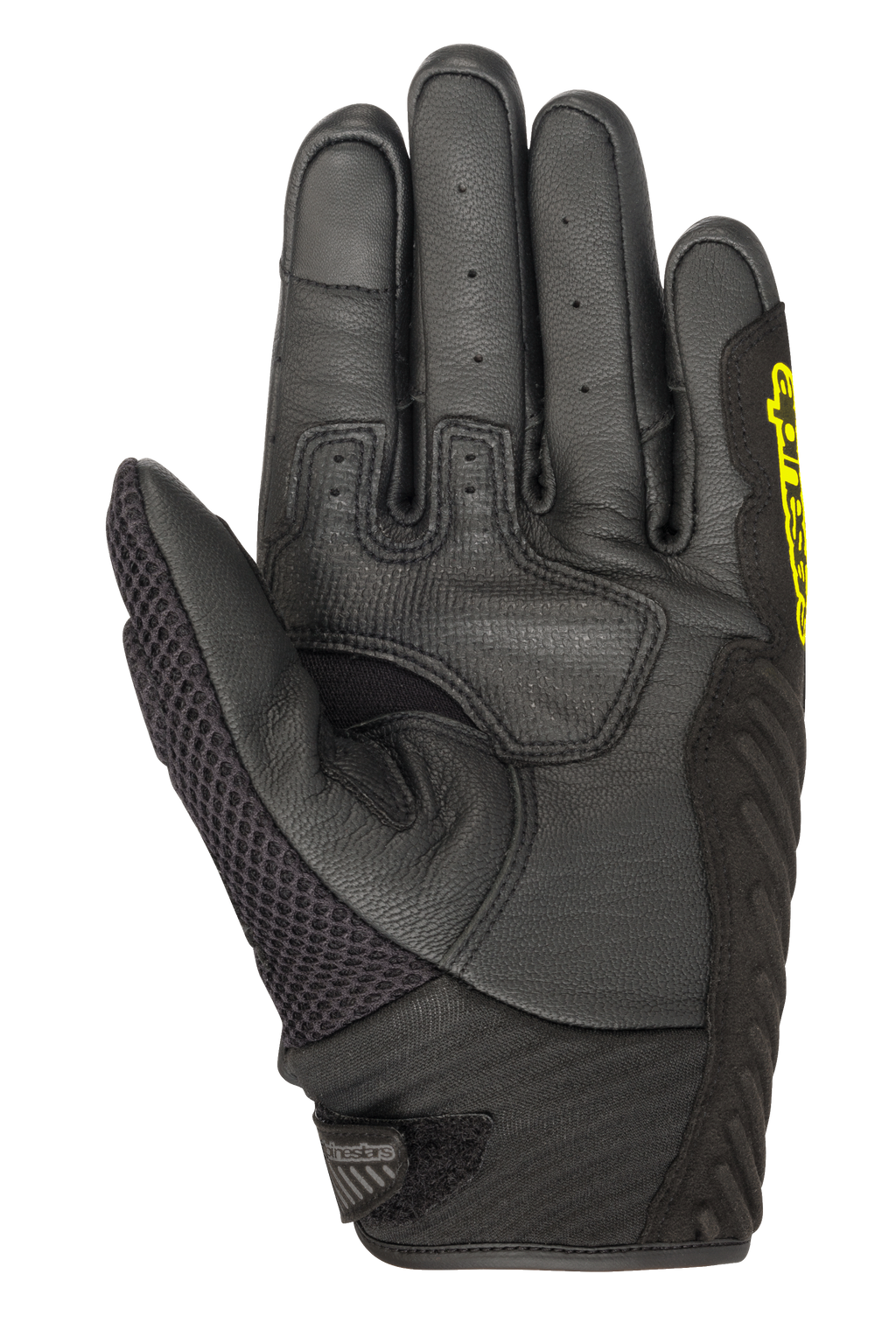 Alpinestars SMX-1 Air V2 Handschuhe, Kurzstulpen-Motorradhandschuhe, Schwarz und Gelb Fluo, Handflächenansicht mit perforierten Lederfingern, Mesh-Daumenpanel und verstärkter Grip-Zone, entwickelt für sommerliche Straßenfahrten
