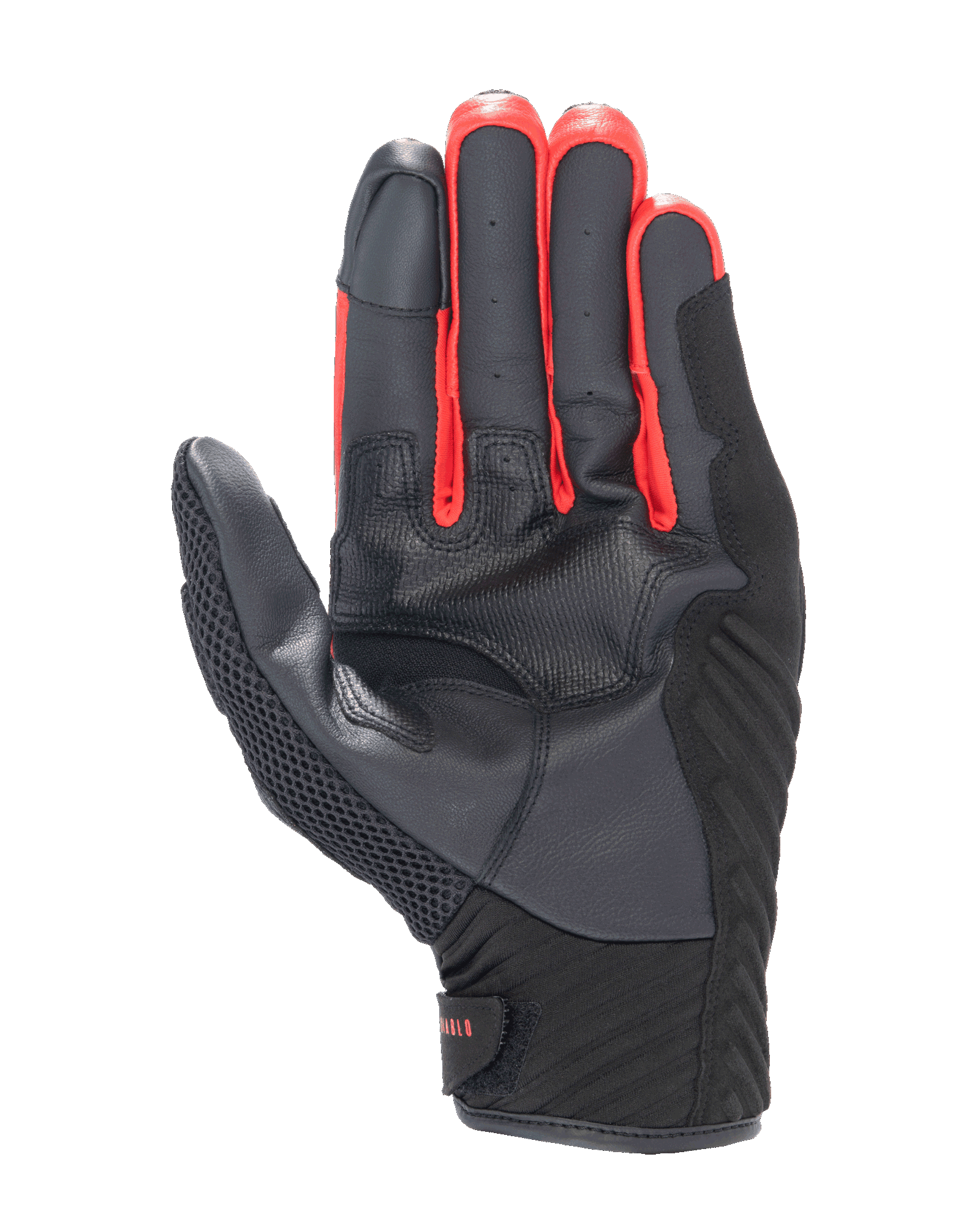 Gants Alpinestars FQ20 SMX-1 Air V2 Monster, vue de la paume, construction en cuir noir et mesh avec des accents rouges entre les doigts, gants de moto à manchette courte pour la conduite urbaine et sur route.