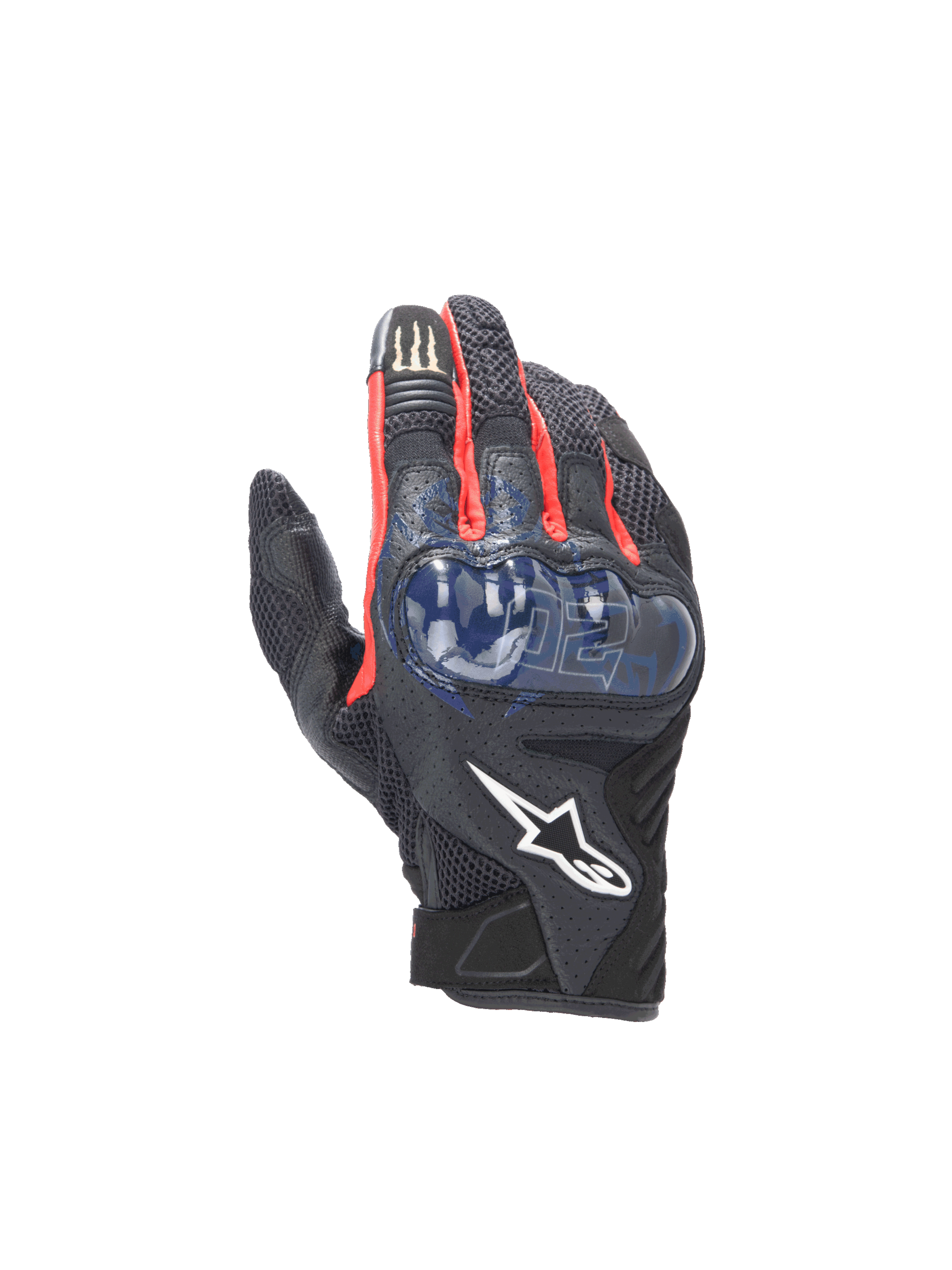 Alpinestars FQ20 SMX-1 Air V2 Monster handschoenen, zwart-blauwe herenmotorhandschoenen met mesh en harde knokkelbescherming.