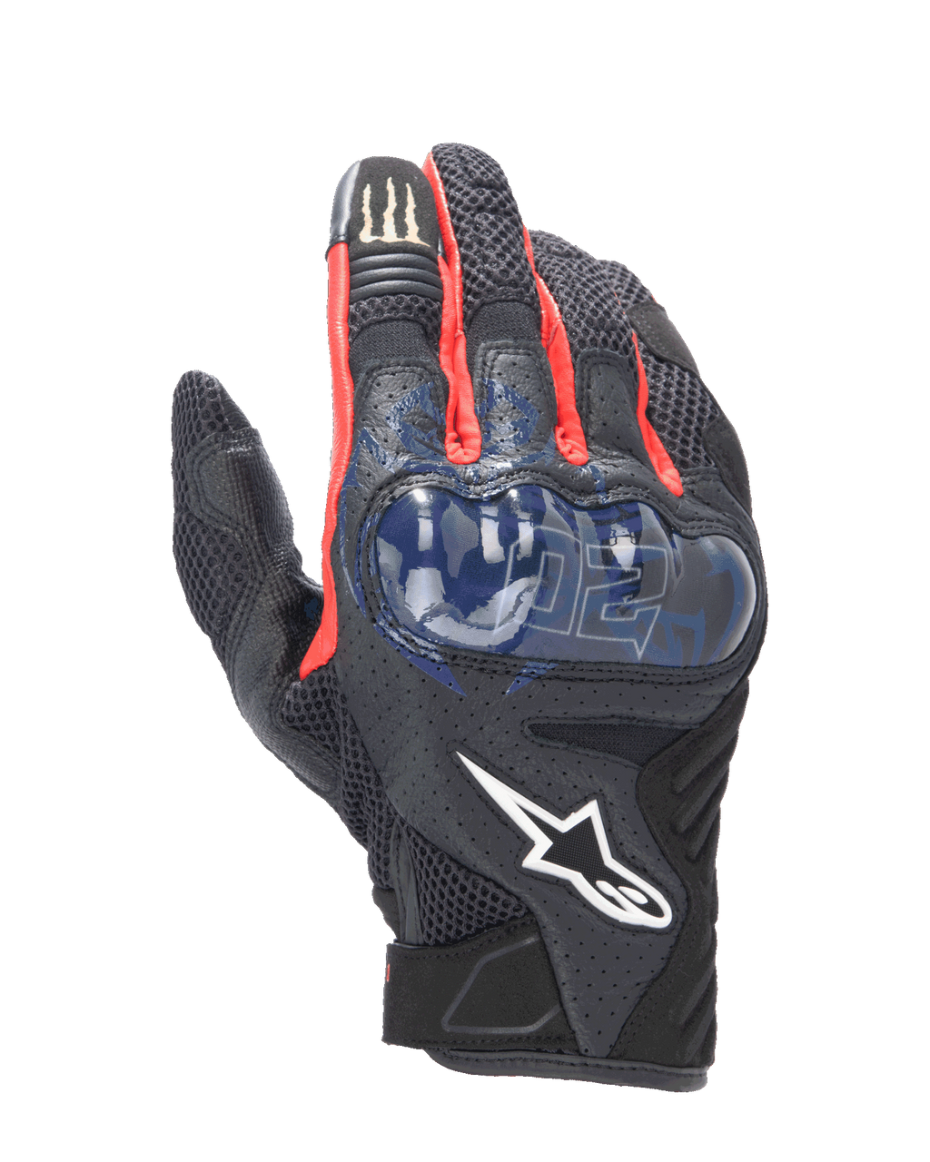 Gants Alpinestars FQ20 SMX-1 Air V2 Monster, gants de moto sport, noirs avec accents rouges et bleus, avec protection de jointures rigide bleue, panneaux de ventilation en mesh, graphismes signature Fabio Quartararo et logo Monster Energy sur l'index