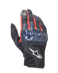 Gants Alpinestars FQ20 SMX-1 Air V2 Monster, gants de moto sport, noirs avec accents rouges et bleus, avec protection de jointures rigide bleue, panneaux de ventilation en mesh, graphismes signature Fabio Quartararo et logo Monster Energy sur l'index
