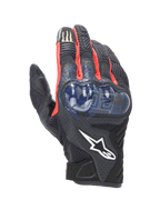 Gants Alpinestars FQ20 SMX-1 Air V2 Monster, gants de moto sport, noirs avec accents rouges et bleus, avec protection de jointures rigide bleue, panneaux de ventilation en mesh, graphismes signature Fabio Quartararo et logo Monster Energy sur l'index