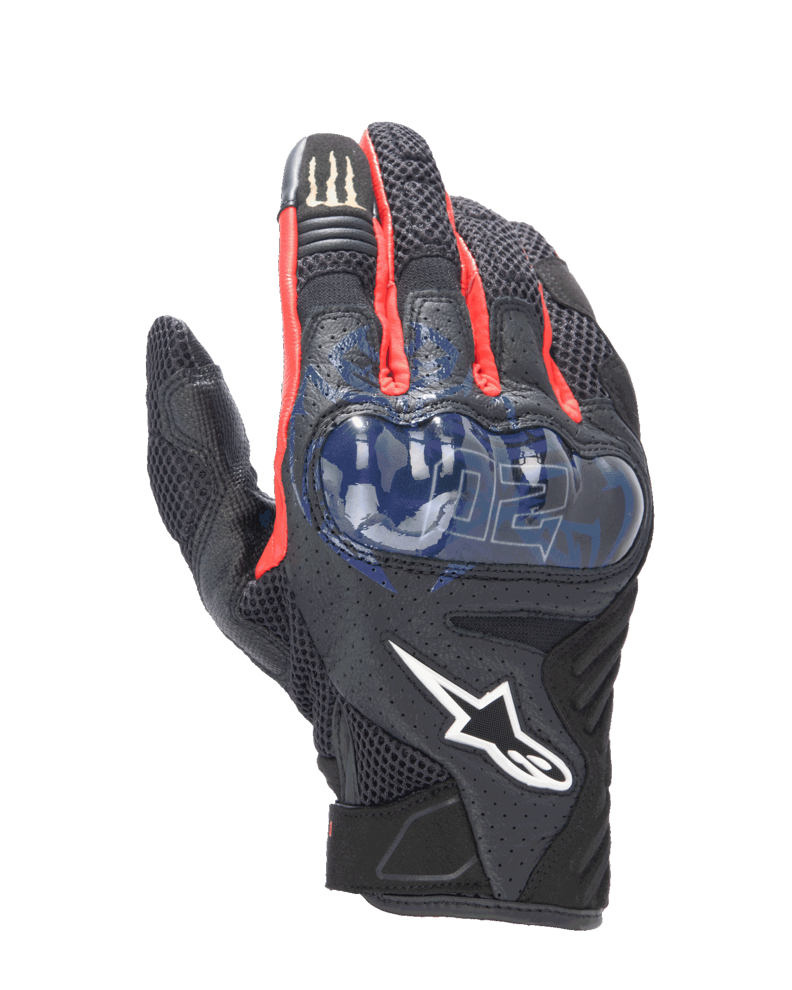 Gants Alpinestars FQ20 SMX-1 Air V2 Monster, gants de moto sport, noirs avec accents rouges et bleus, avec protection de jointures rigide bleue, panneaux de ventilation en mesh, graphismes signature Fabio Quartararo et logo Monster Energy sur l'index