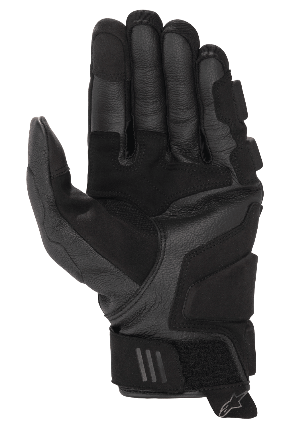 Gants Alpinestars Phenom Leather Air, noir, vue côté paume, avec construction en cuir de chèvre premium, zones de préhension renforcées et fermeture de poignet ajustable par Velcro.
