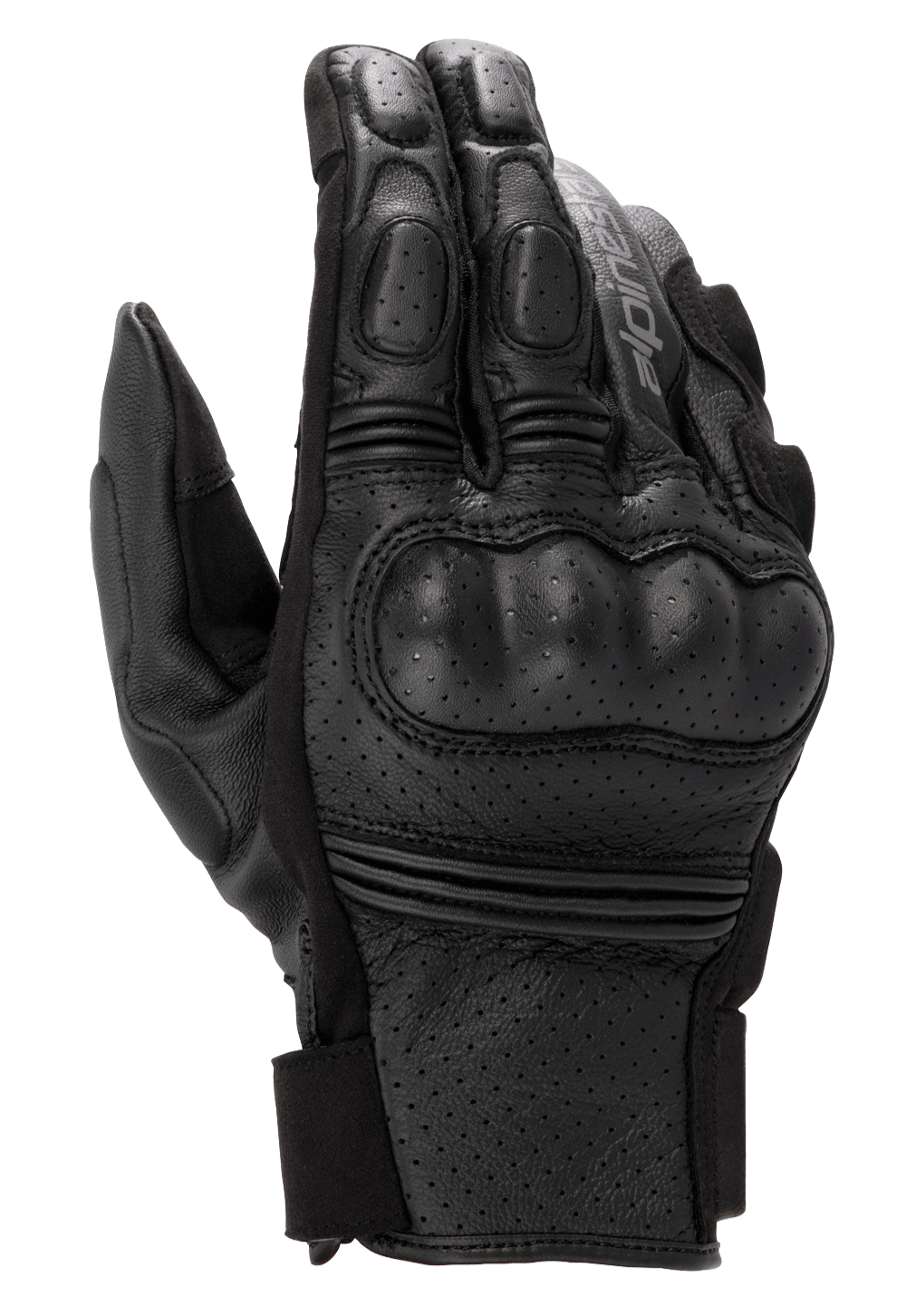 Alpinestars Phenom Leather Air Gloves, zwarte motorhandschoenen, geperforeerde geitenleren constructie, geïntegreerde harde knokkelbescherming, accordeon stretch-inzetstukken op de vingers en een korte manchetsluiting