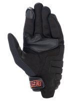 Gants Alpinestars MM93 Losail V2, gants de moto urbains, noirs, vue de la paume présentant une construction en suède synthétique, bout du doigt compatible avec les écrans tactiles et fermeture à crochet et boucle avec marquage MM93 rouge.