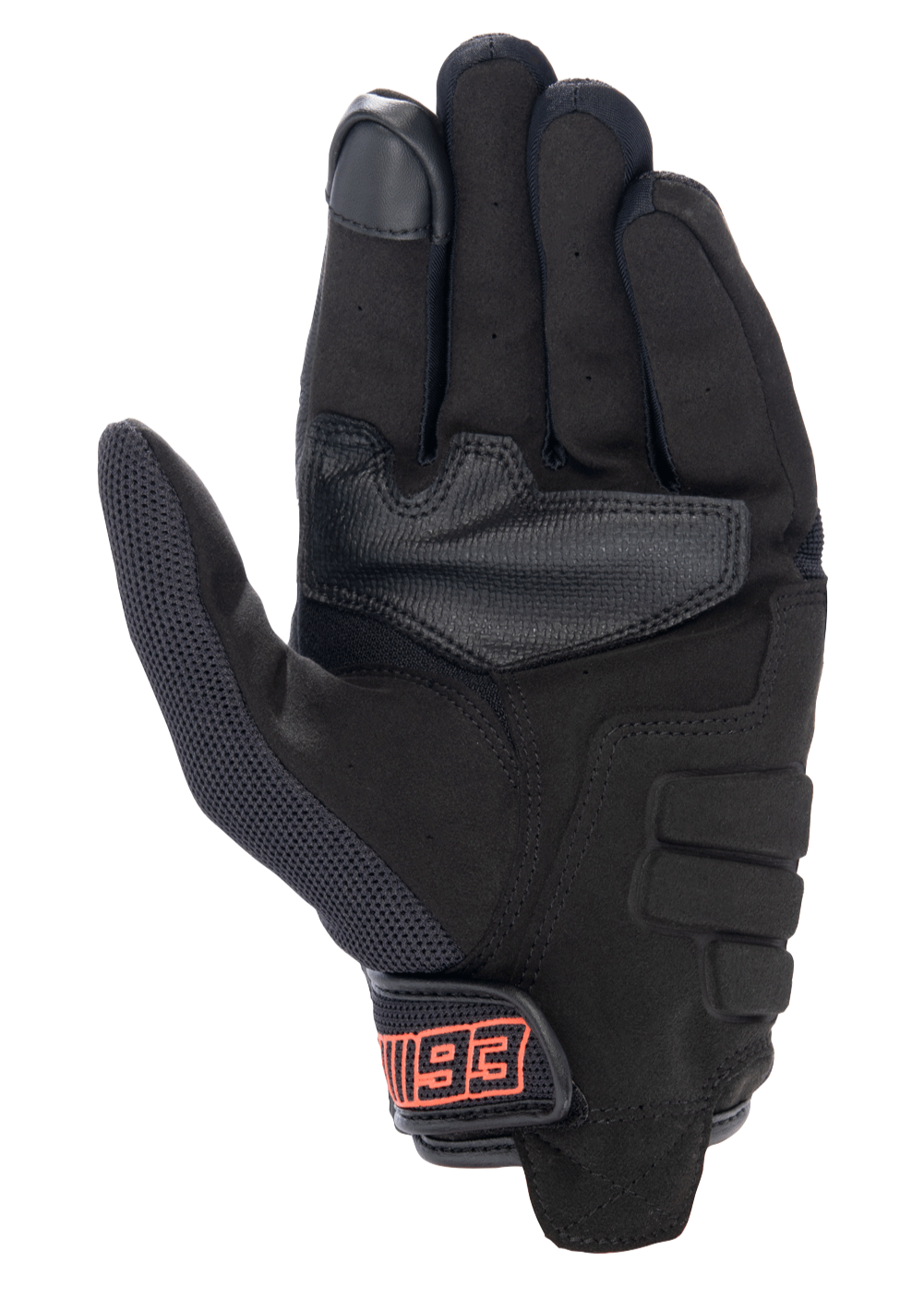 Gants Alpinestars MM93 Losail V2, gants de moto urbains, noirs, vue de la paume présentant une construction en suède synthétique, bout du doigt compatible avec les écrans tactiles et fermeture à crochet et boucle avec marquage MM93 rouge.