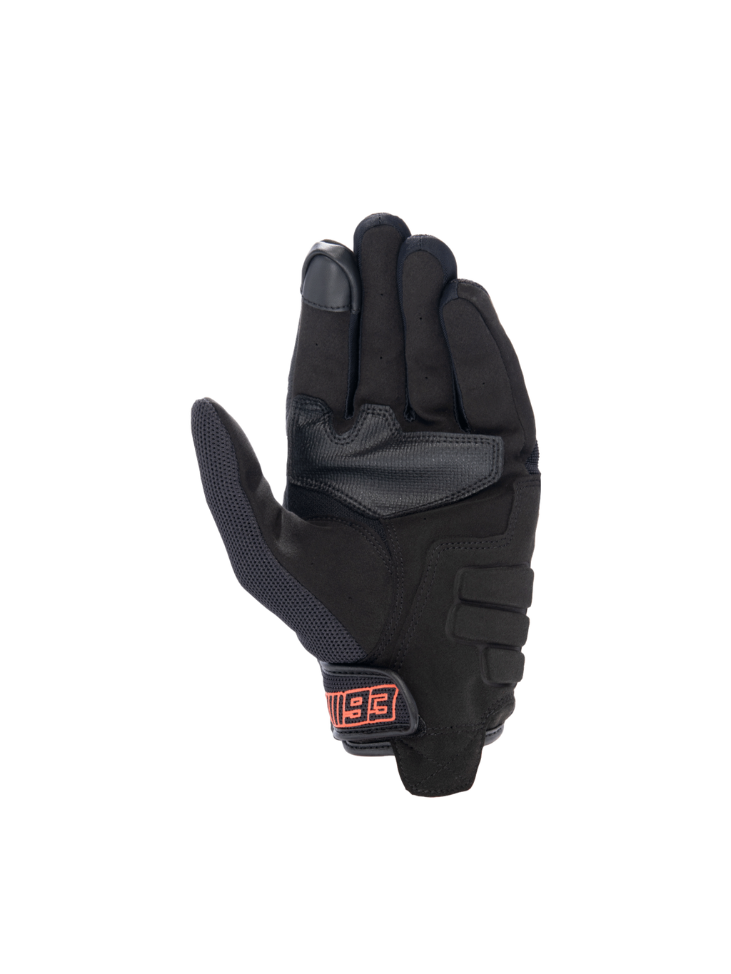 MM93 Losail V2 Handschuhe, Urban-Motorradhandschuhe in Schwarz und Rot, Handflächenansicht aus synthetischem Wildleder.