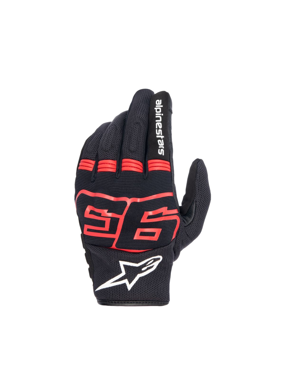 Alpinestars MM93 Losail V2 Handschuhe, Motorradhandschuhe, Schwarz und Rot Fluo, mit Hartknöchelschutz und MM93 Logo.