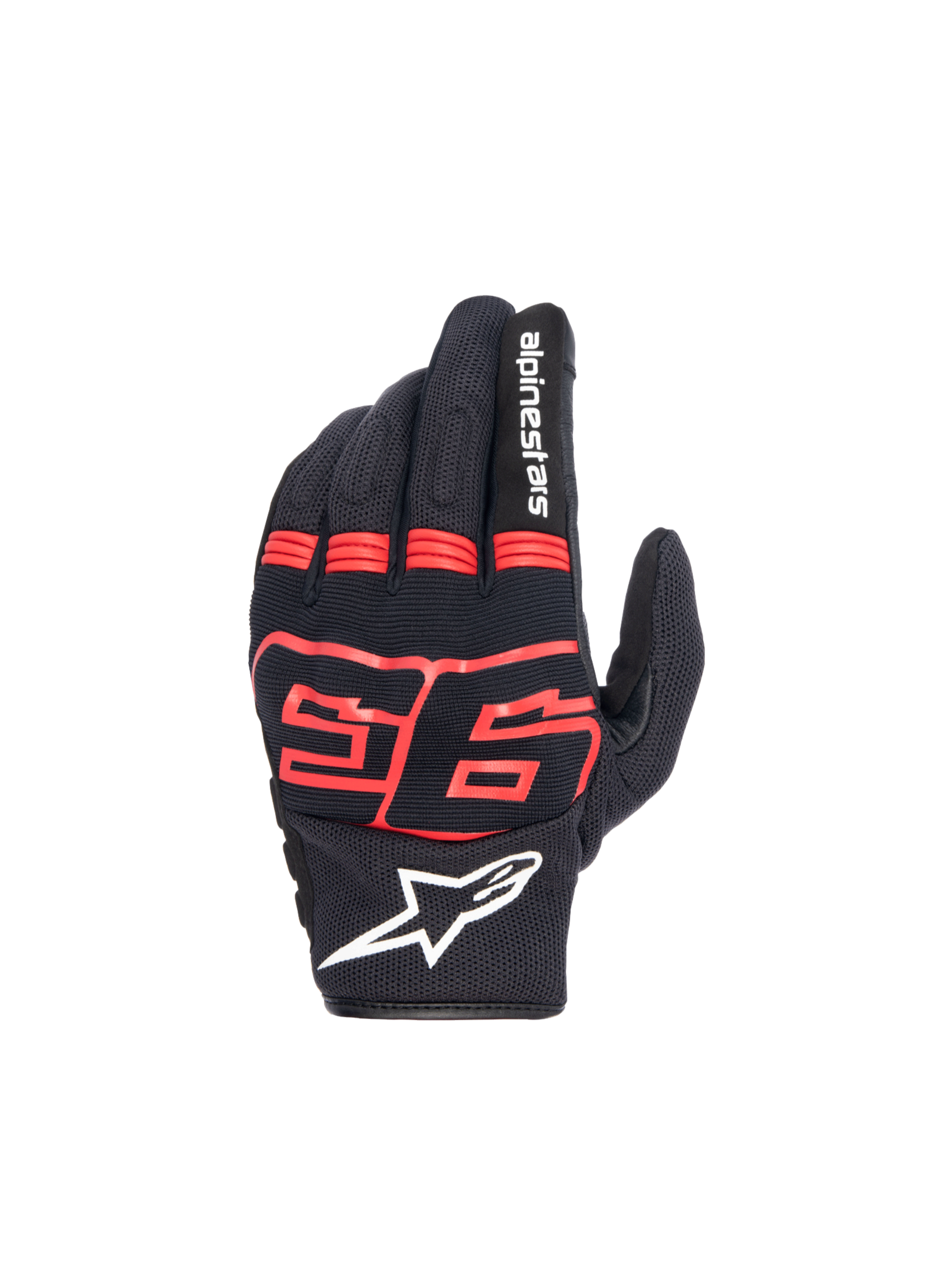 Alpinestars MM93 Losail V2 handschoenen, urban motorhandschoenen, zwart en rood fluo, met Marc Marquez 93-logo.