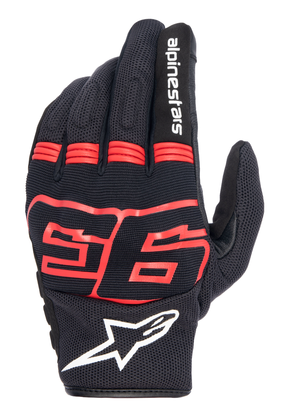 Gants Alpinestars MM93 Losail V2, noir avec rouge fluo, avec graphisme Marc Marquez 93, logo Alpinestars blanc, dos en mesh respirant, panneaux en accordéon sur les doigts pour la flexibilité, style racing moto urbain