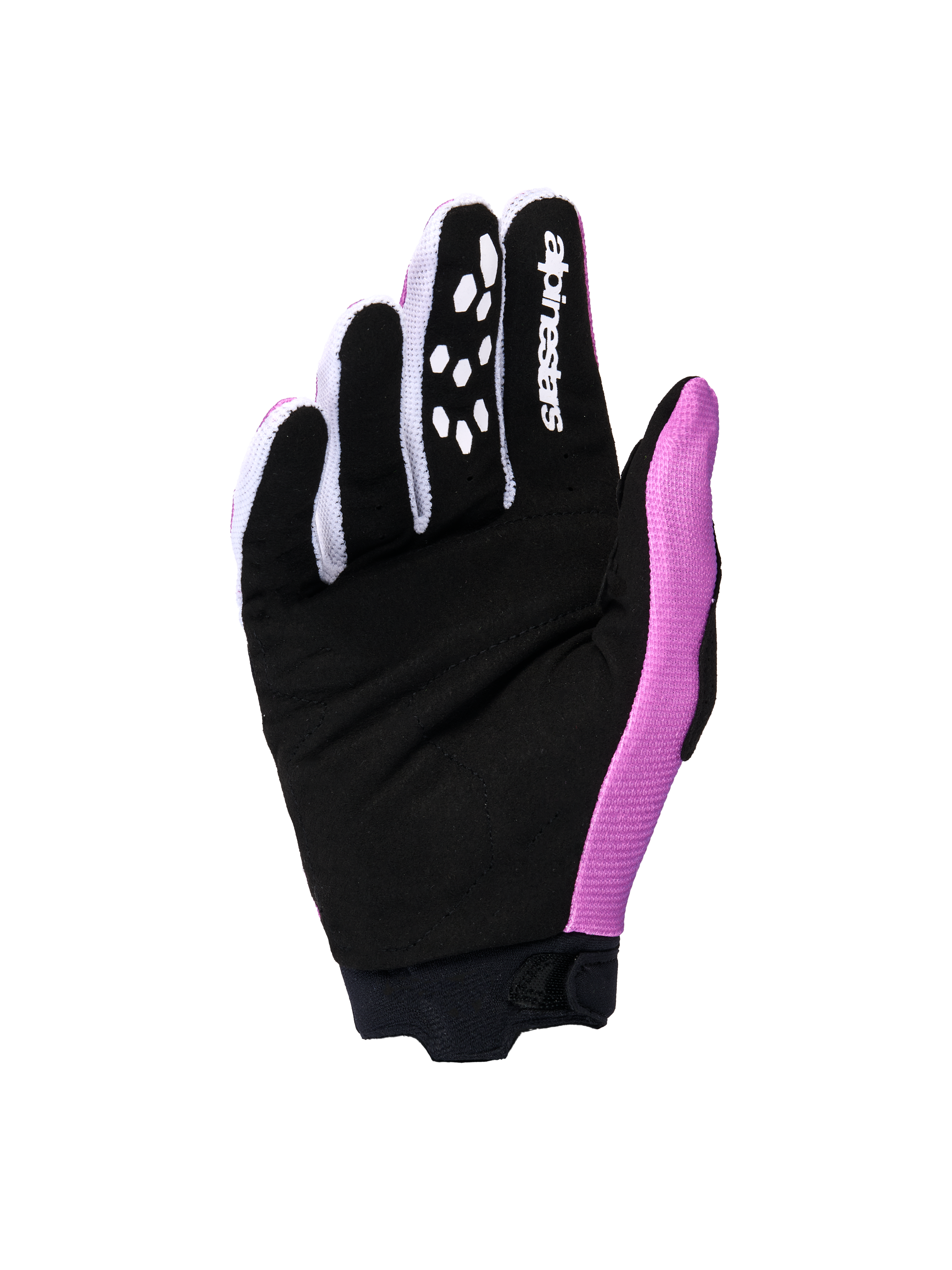 Alpinestars 2026 Woman Stella Full Bore V2 Gloves, palm view showing the Violet White and Black colorway, featuring a reinforced black synthetic suede palm, white Alpinestars logo on the index finger, and silicone grip patterns, designed for motocross performance.