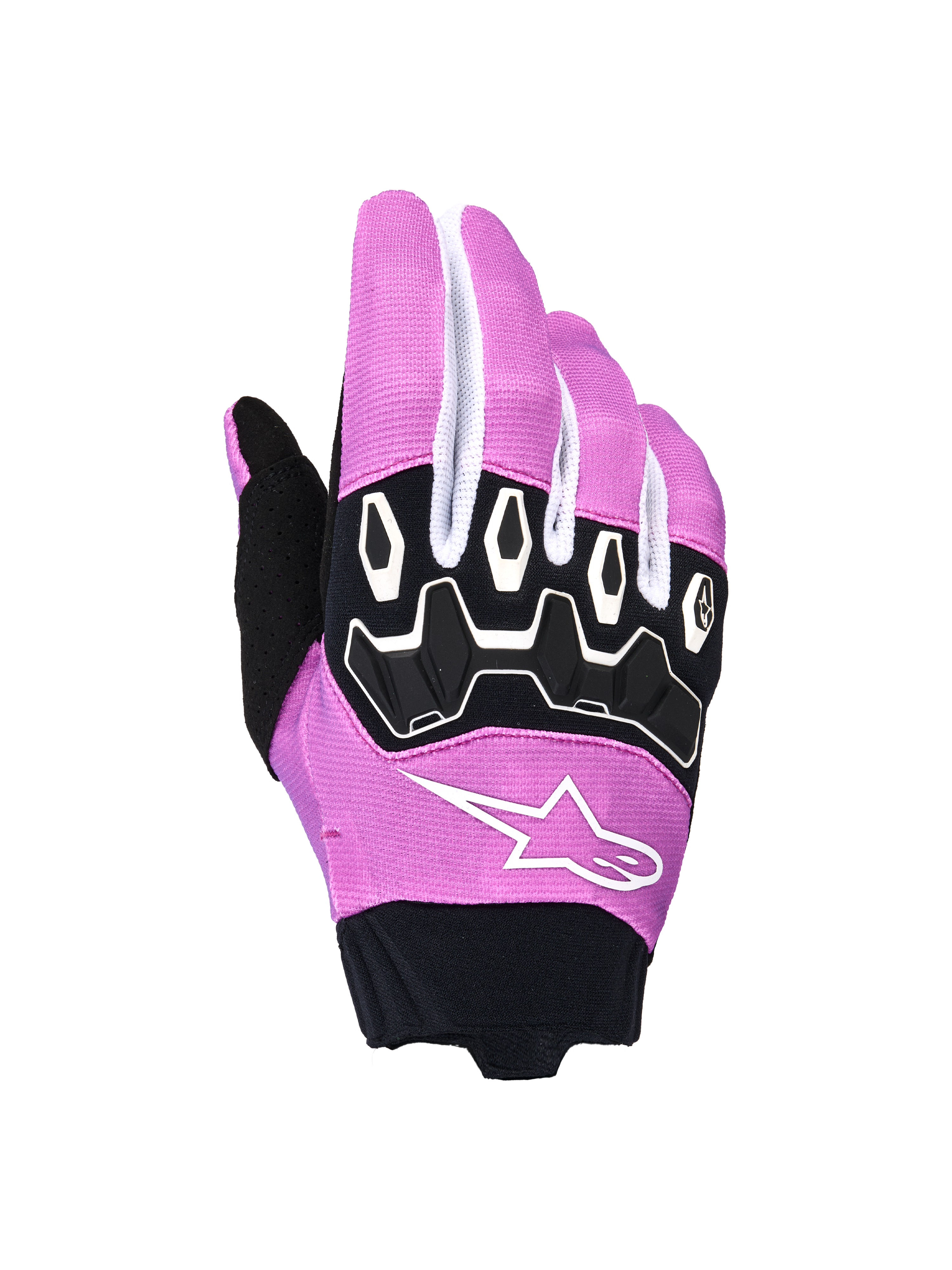 Alpinestars Stella Full Bore V2 Handschuhe, Damen-Motocross-Handschuhe, Violett, Weiß und Schwarz, mit ergonomischem TPR-Knöchelschutz, weißem Alpinestars Stern-Logo auf violettem Stretchgewebe, schwarzer Neoprenmanschette, Offroad-Motorrad-Rennausrüstung
