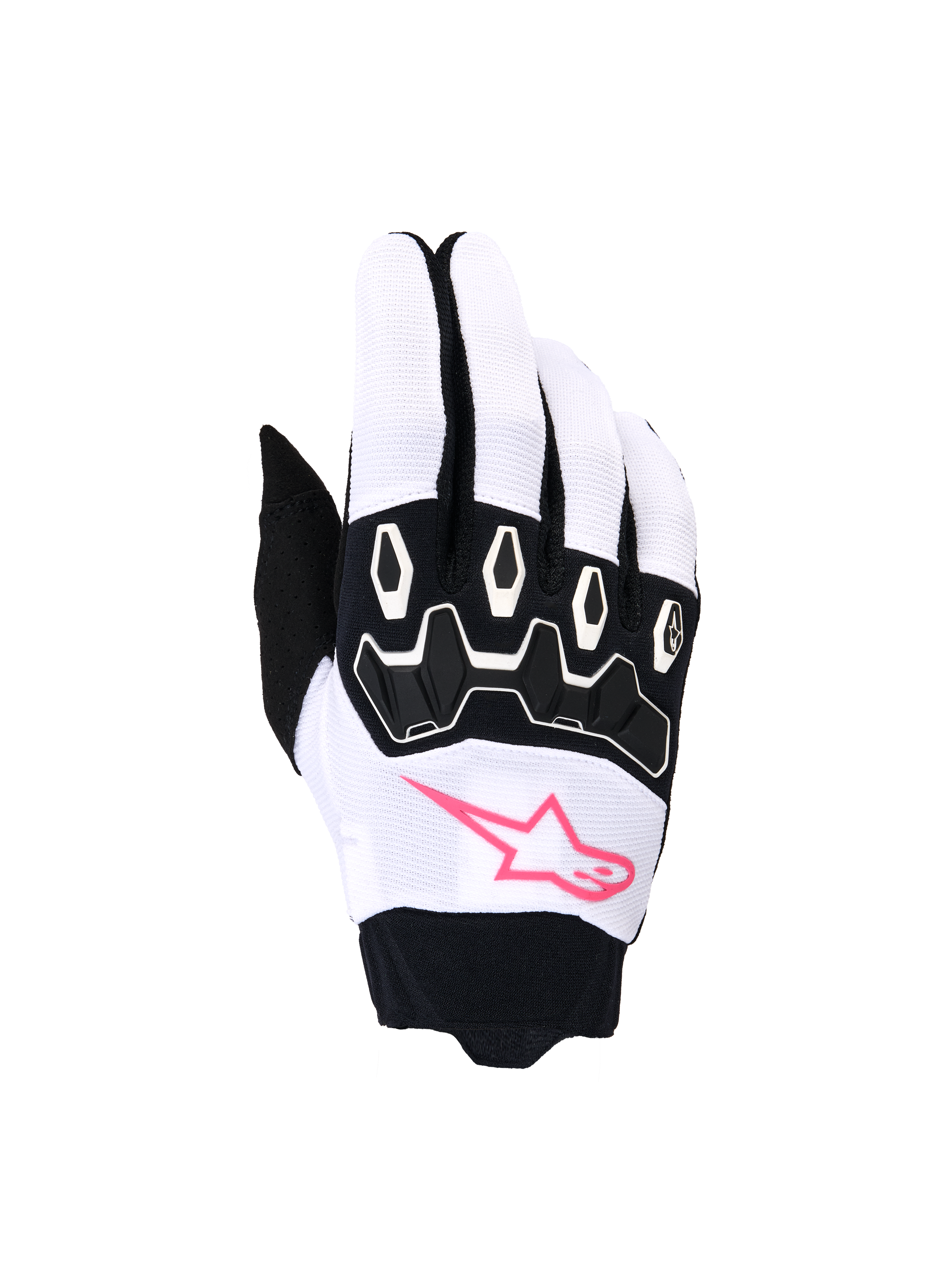 Gants Alpinestars Stella Full Bore V2, gants de motocross pour femme, blanc et noir avec rose fluo, logo étoile rose, protection des articulations en TPR noir et tissu extensible respirant pour la conduite tout-terrain