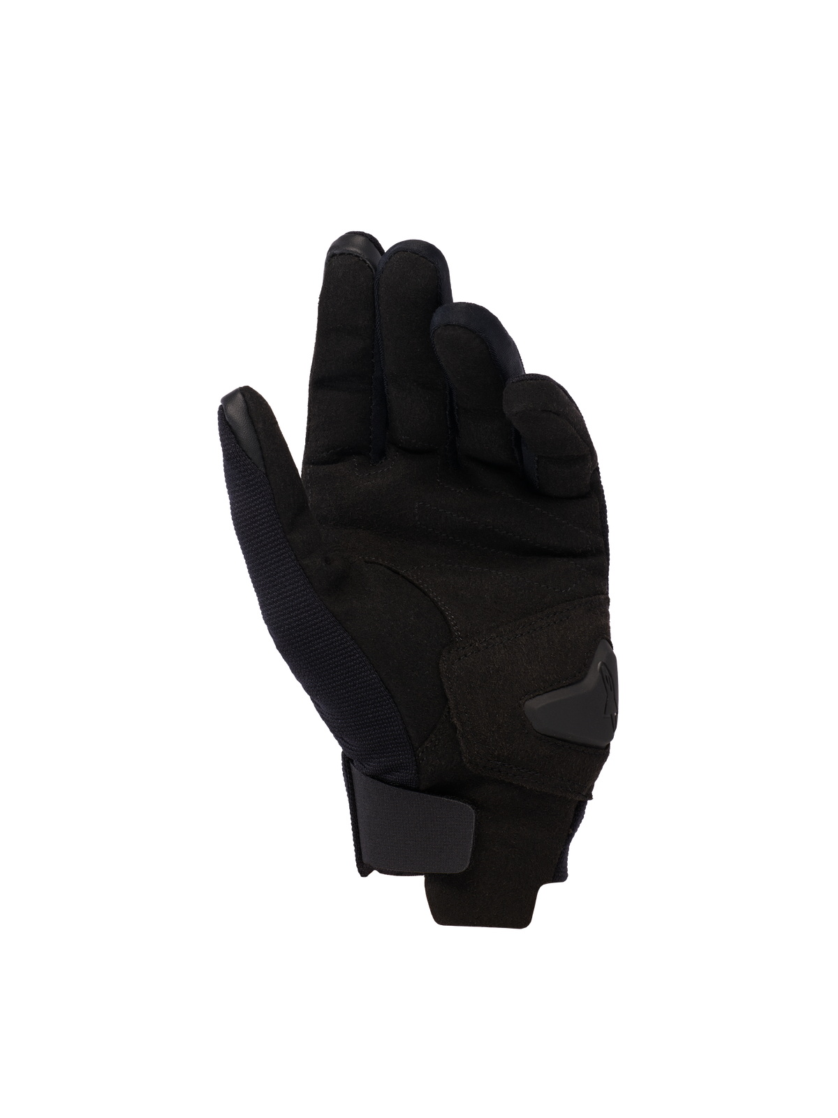 Alpinestars Reef Damen-V2 Handschuhe, Handflächenansicht, Black Hawaiian Ocean, Damen-Motorradhandschuhe mit kurzem Bündchen, Handfläche aus synthetischem Wildleder, touchscreen-kompatible Fingerspitzen und verstellbarer Klettverschluss am Handgelenk.