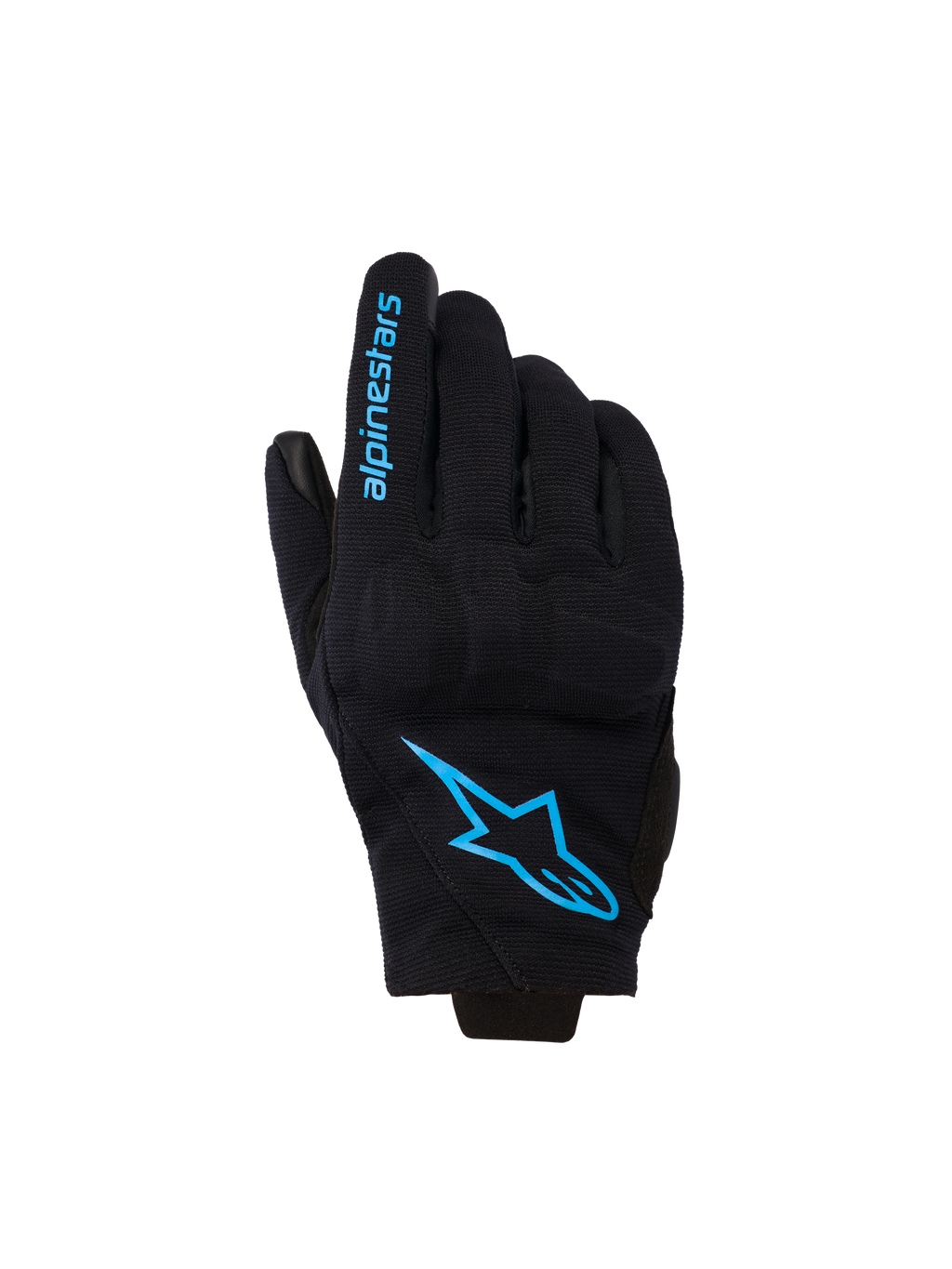 Alpinestars Reef V2 Damen-Handschuhe, Motorradhandschuhe mit kurzem Bündchen, Schwarz mit leuchtend blauem Hawaiian Ocean Branding, Alpinestars-Logo auf dem Handrücken und Schriftzug auf dem Finger, urbaner Fahrstil