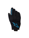 Alpinestars Reef V2 Damen-Handschuhe, Motorradhandschuhe mit kurzem Bündchen, Schwarz mit leuchtend blauem Hawaiian Ocean Branding, Alpinestars-Logo auf dem Handrücken und Schriftzug auf dem Finger, urbaner Fahrstil