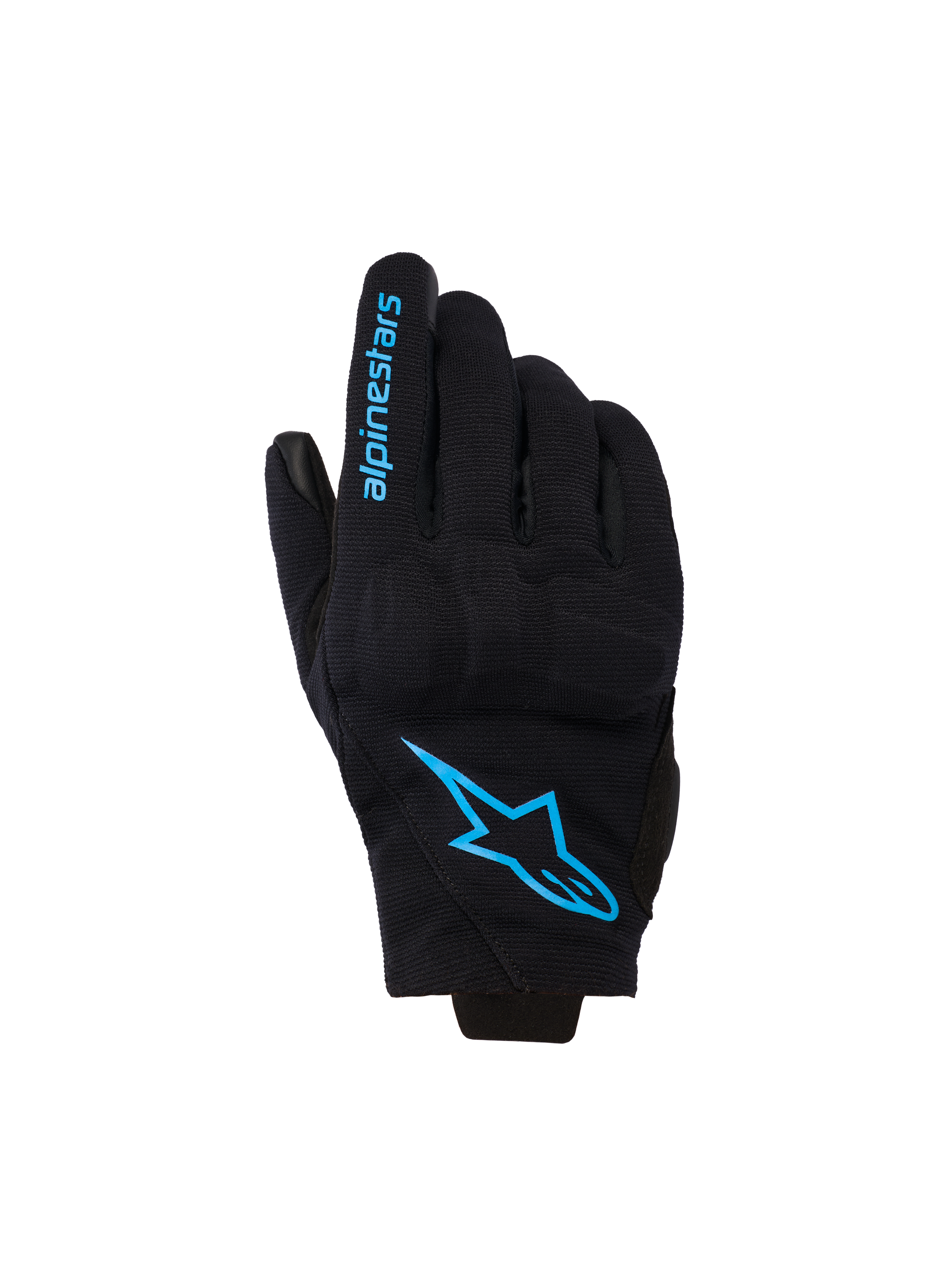 Alpinestars Reef V2 Damen-Handschuhe, Motorradhandschuhe mit kurzem Bündchen, Schwarz mit leuchtend blauem Hawaiian Ocean Branding, Alpinestars-Logo auf dem Handrücken und Schriftzug auf dem Finger, urbaner Fahrstil