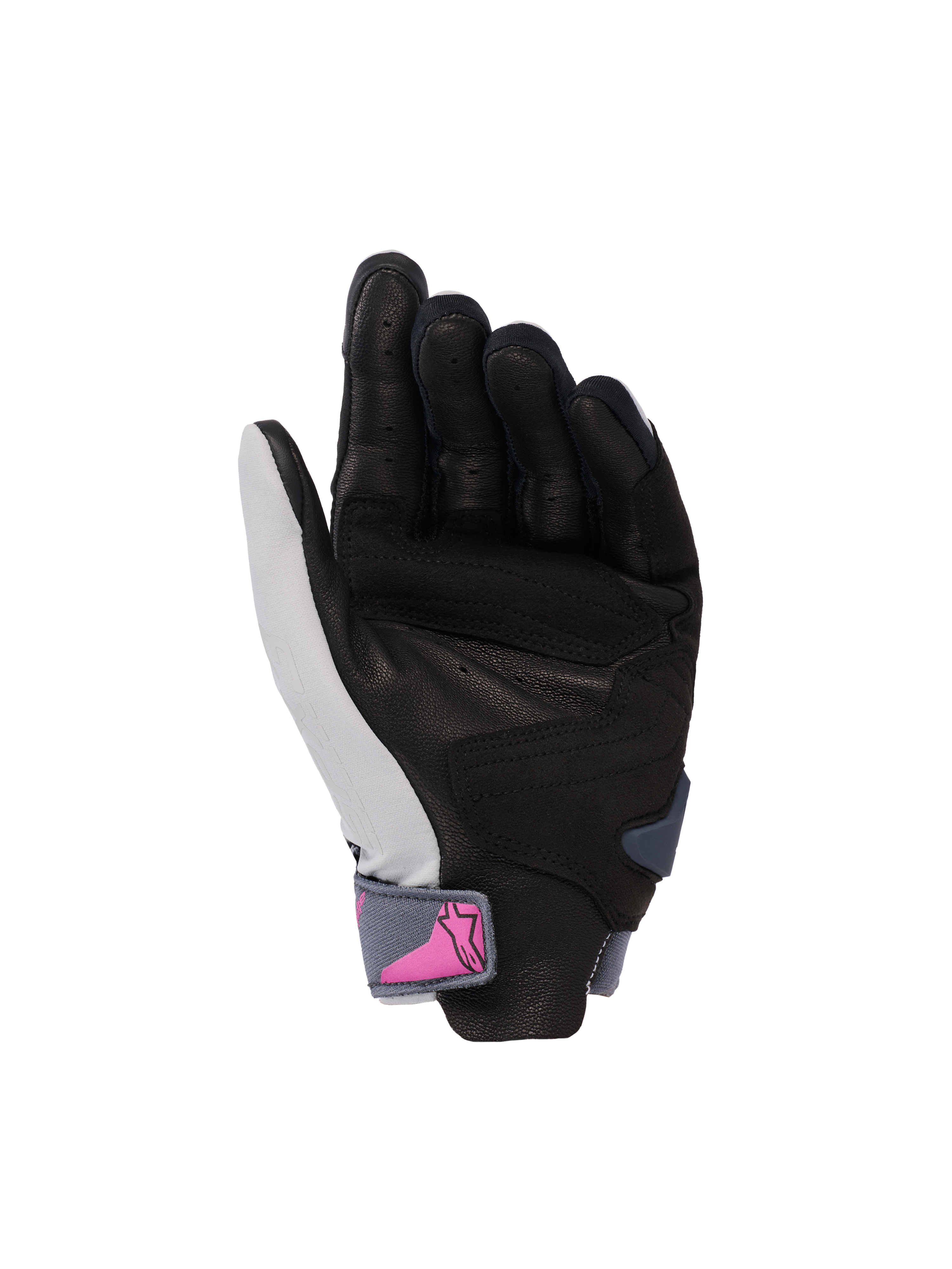 Alpinestars Stella SP X 3 Handschuhe, Damen-Motorradhandschuhe, Handflächenansicht, Mid Gray Asphalt Black mit rosa Logo auf dem Handgelenksriemen, perforierte Lederhandfläche für Griffigkeit und Belüftung, sportliches Design für Straßenfahrten