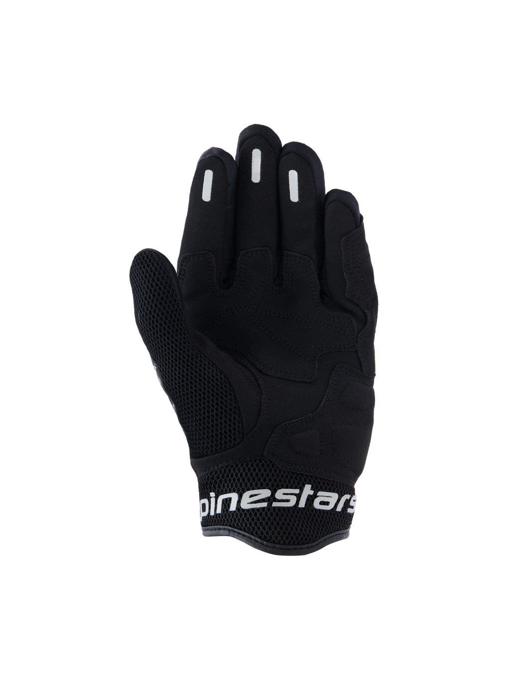 Alpinestars Stella Mogress Airflow handschoenen, stedelijke motorhandschoenen voor dames, zwart, binnenzijde met synthetische palmversterking, ademend 3D-mesh op de duim en manchet, en witte Alpinestars-branding op de korte manchet.