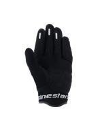 Alpinestars Stella Mogress Airflow handschoenen, stedelijke motorhandschoenen voor dames, zwart, binnenzijde met synthetische palmversterking, ademend 3D-mesh op de duim en manchet, en witte Alpinestars-branding op de korte manchet.