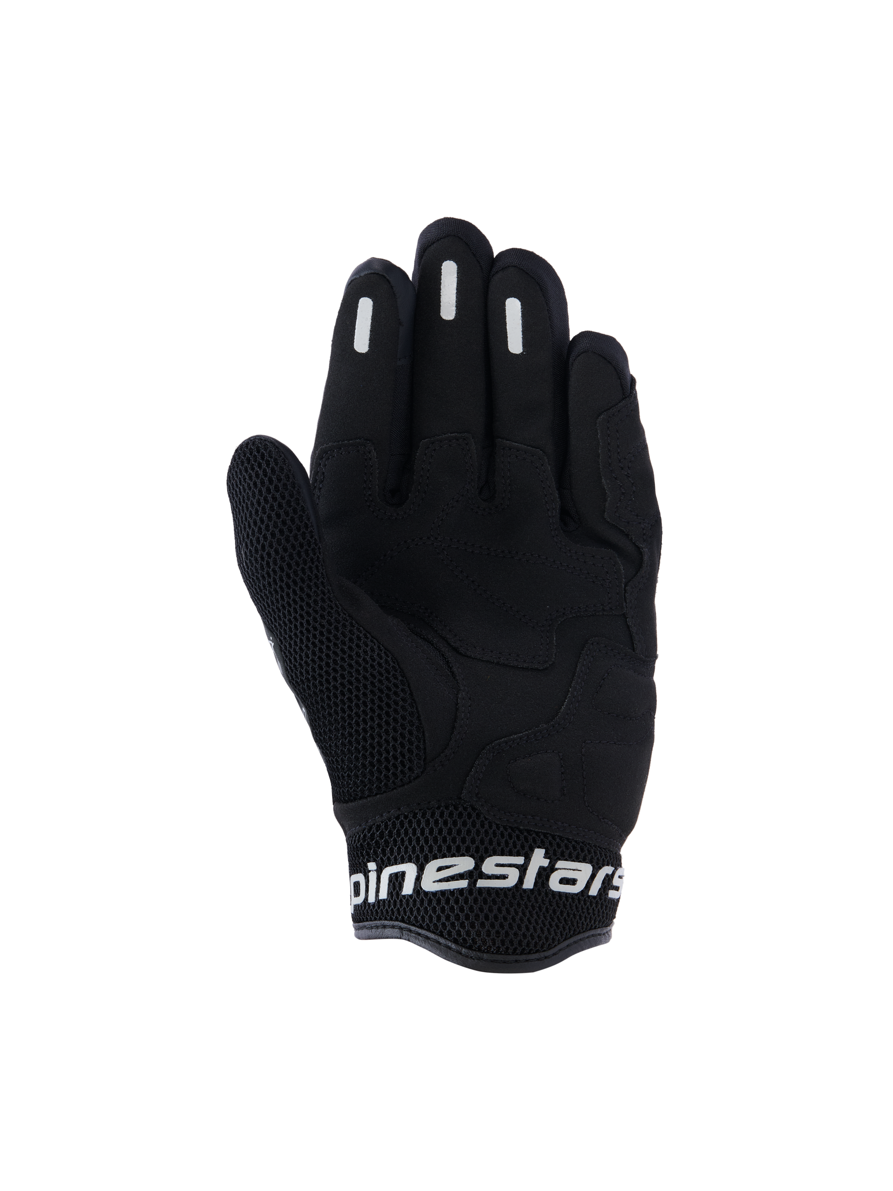 Alpinestars Stella Mogress Airflow handschoenen, stedelijke motorhandschoenen voor dames, zwart, binnenzijde met synthetische palmversterking, ademend 3D-mesh op de duim en manchet, en witte Alpinestars-branding op de korte manchet.