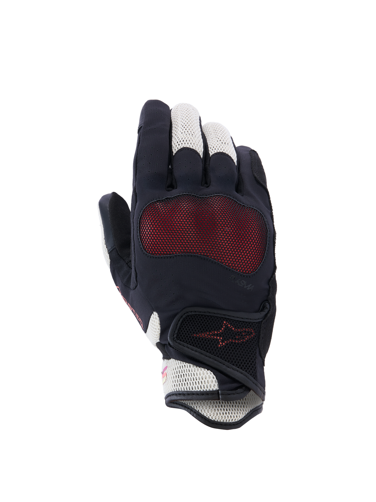 Gants Alpinestars Stella Mogress Airflow, gants de moto pour femme, noir, écru et corail dégradé, vue du dos de la main avec inserts en maille 3D, protection des articulations Nucleon Plasma et fermeture auto-agrippante au poignet.