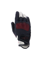 Alpinestars Stella Mogress Airflow handschoenen, dames motorhandschoenen, zwart, ecru en koraalrood, bovenaanzicht met 3D mesh-inzetstukken, Nucleon Plasma knokkelbescherming en een klittenbandsluiting bij de pols.