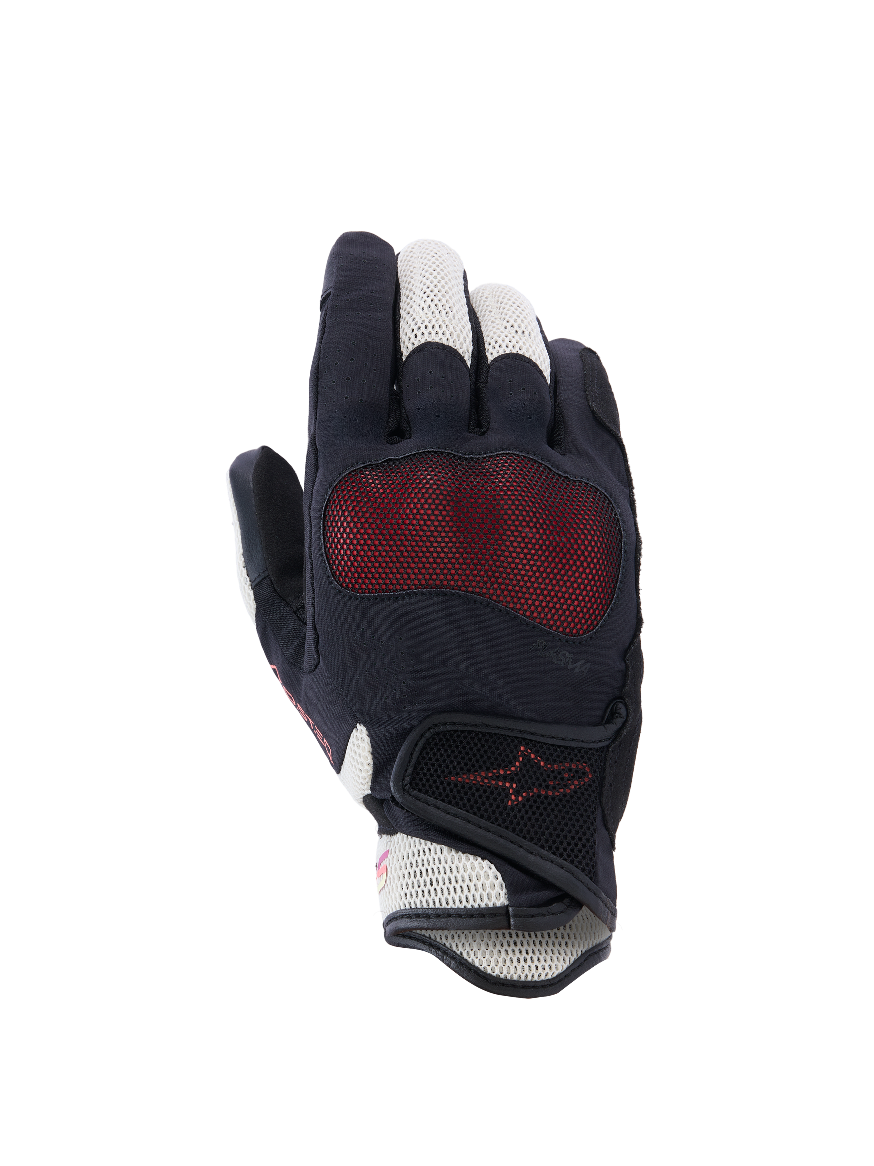 Alpinestars Stella Mogress Airflow handschoenen, dames motorhandschoenen, zwart, ecru en koraalrood, bovenaanzicht met 3D mesh-inzetstukken, Nucleon Plasma knokkelbescherming en een klittenbandsluiting bij de pols.