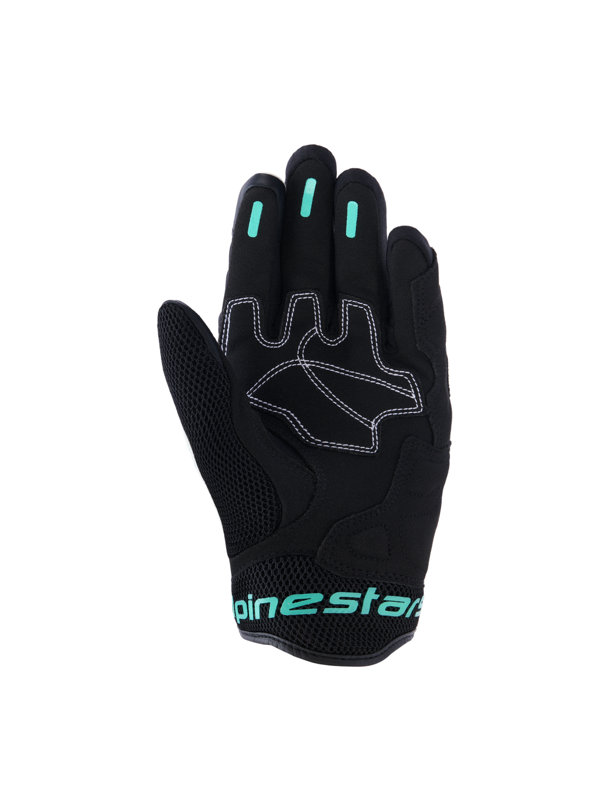 Alpinestars Stella Mogress Airflow handschoenen, urban motorhandschoenen voor dames, zwart met Tropical Teal accenten, handpalmaanzicht met synthetische palmversterkingen met wit stiksel, mesh duimzone en siliconen grip-inzetstukken op de vingers.