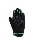 Alpinestars Stella Mogress Airflow handschoenen, urban motorhandschoenen voor dames, zwart met Tropical Teal accenten, handpalmaanzicht met synthetische palmversterkingen met wit stiksel, mesh duimzone en siliconen grip-inzetstukken op de vingers.