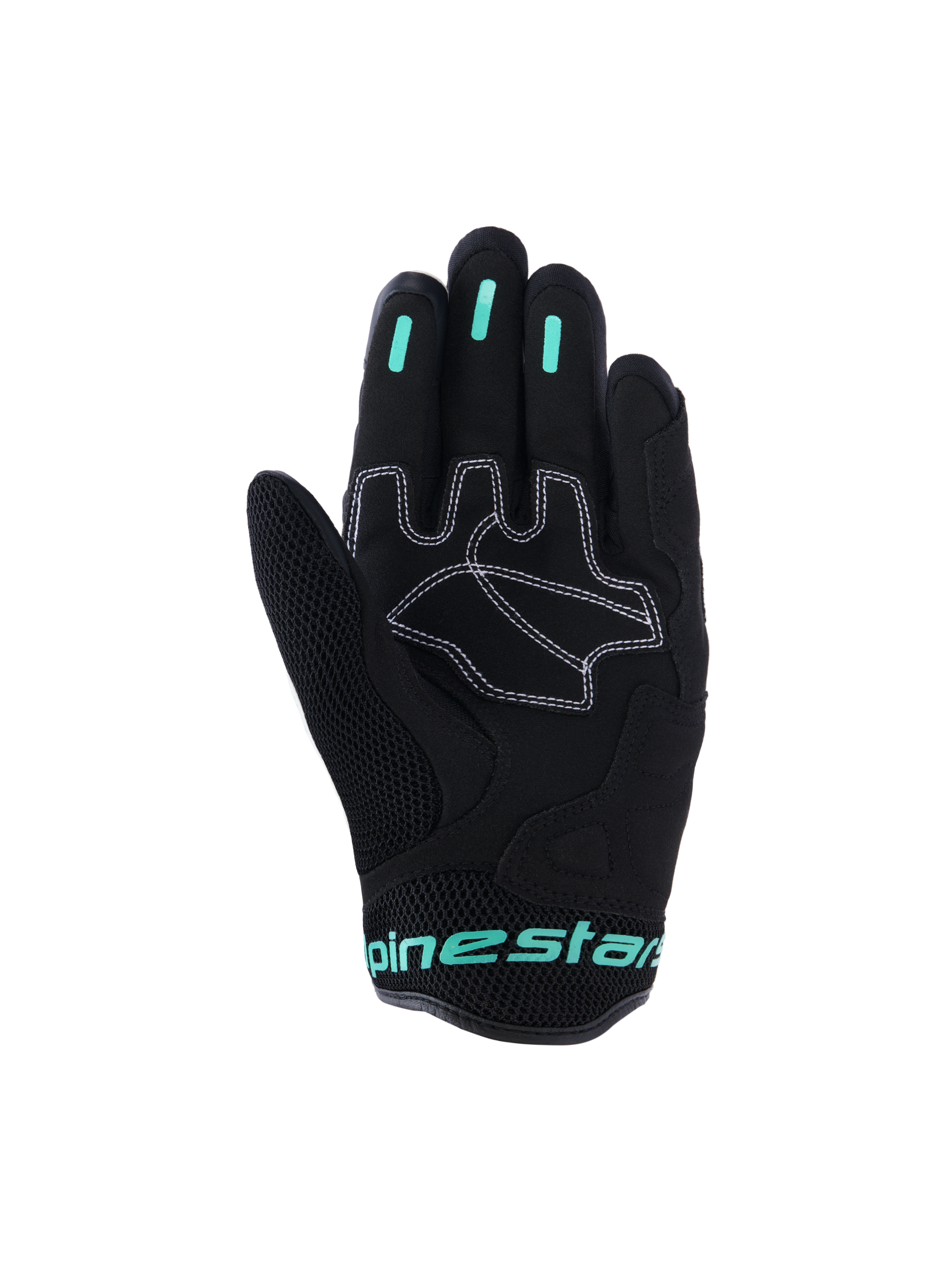 Alpinestars Stella Mogress Airflow handschoenen, urban motorhandschoenen voor dames, zwart met Tropical Teal accenten, handpalmaanzicht met synthetische palmversterkingen met wit stiksel, mesh duimzone en siliconen grip-inzetstukken op de vingers.