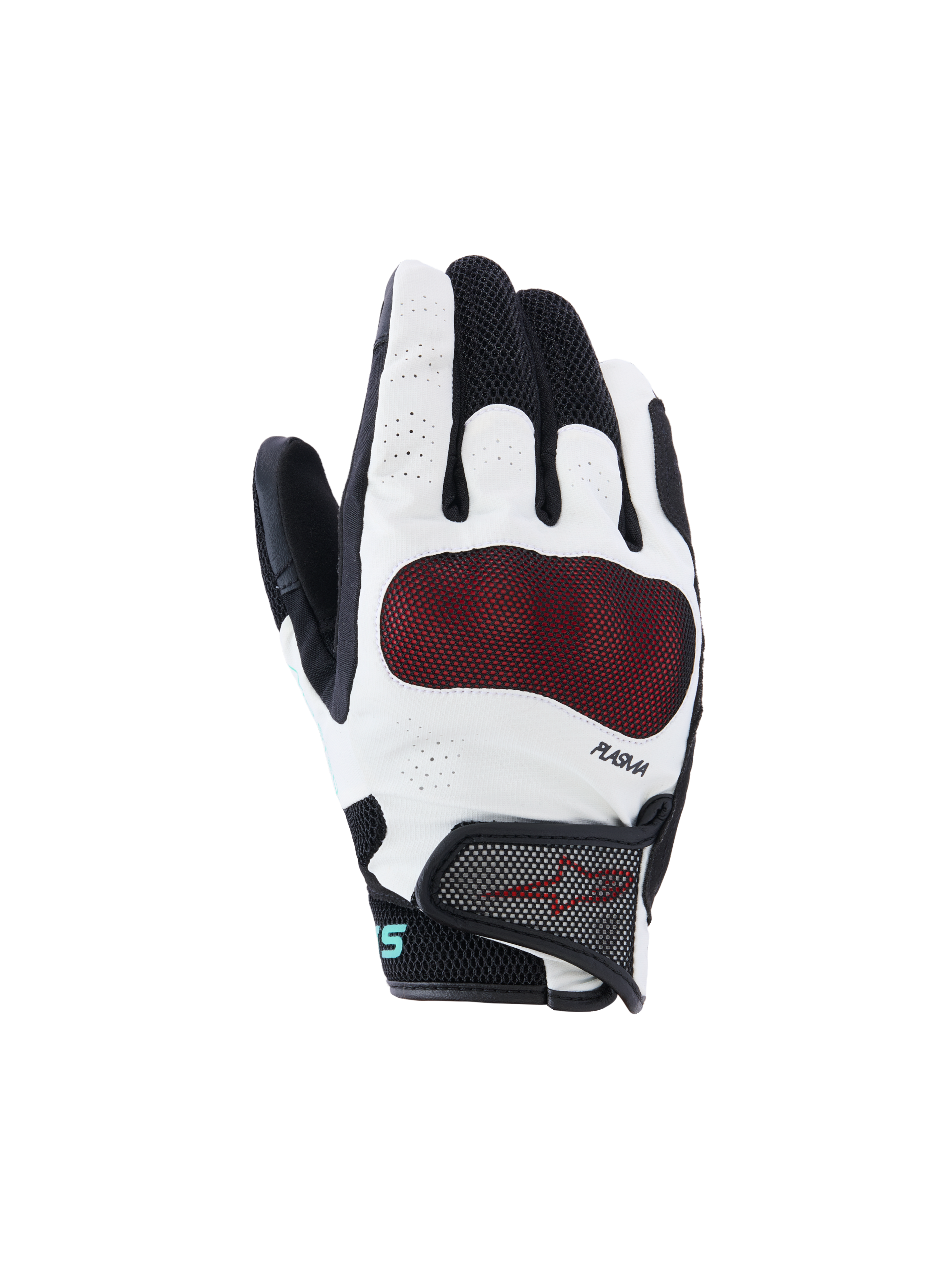Alpinestars Stella Mogress Airflow motorhandschoenen, dames motorhandschoenen, zwart en wit met rode knokkelbeschermer, ademende 3D-mesh en geperforeerde constructie, PLASMA-technologie, kort manchet urban design