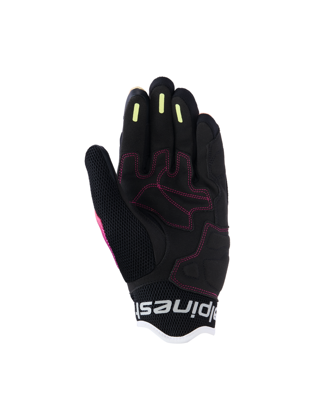 Alpinestars Stella Mogress Airflow dameshandschoenen, urban motorhandschoenen, Fading Coral Black, gedetailleerd zicht op de handpalm met roze stiksels, gele siliconen gripstrips op de vingers en ademende mesh-constructie