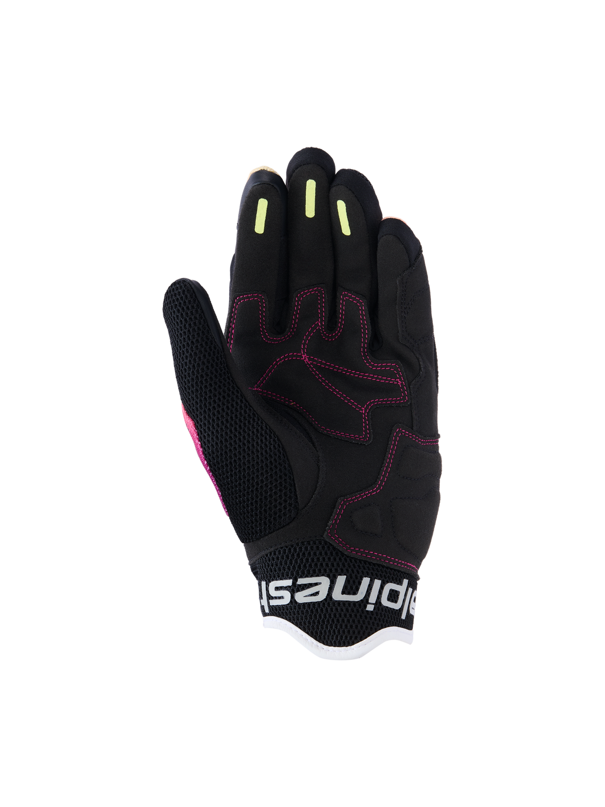 Alpinestars Stella Mogress Airflow dameshandschoenen, urban motorhandschoenen, Fading Coral Black, gedetailleerd zicht op de handpalm met roze stiksels, gele siliconen gripstrips op de vingers en ademende mesh-constructie
