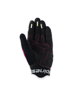 Alpinestars Stella Mogress Airflow dameshandschoenen, urban motorhandschoenen, Fading Coral Black, gedetailleerd zicht op de handpalm met roze stiksels, gele siliconen gripstrips op de vingers en ademende mesh-constructie
