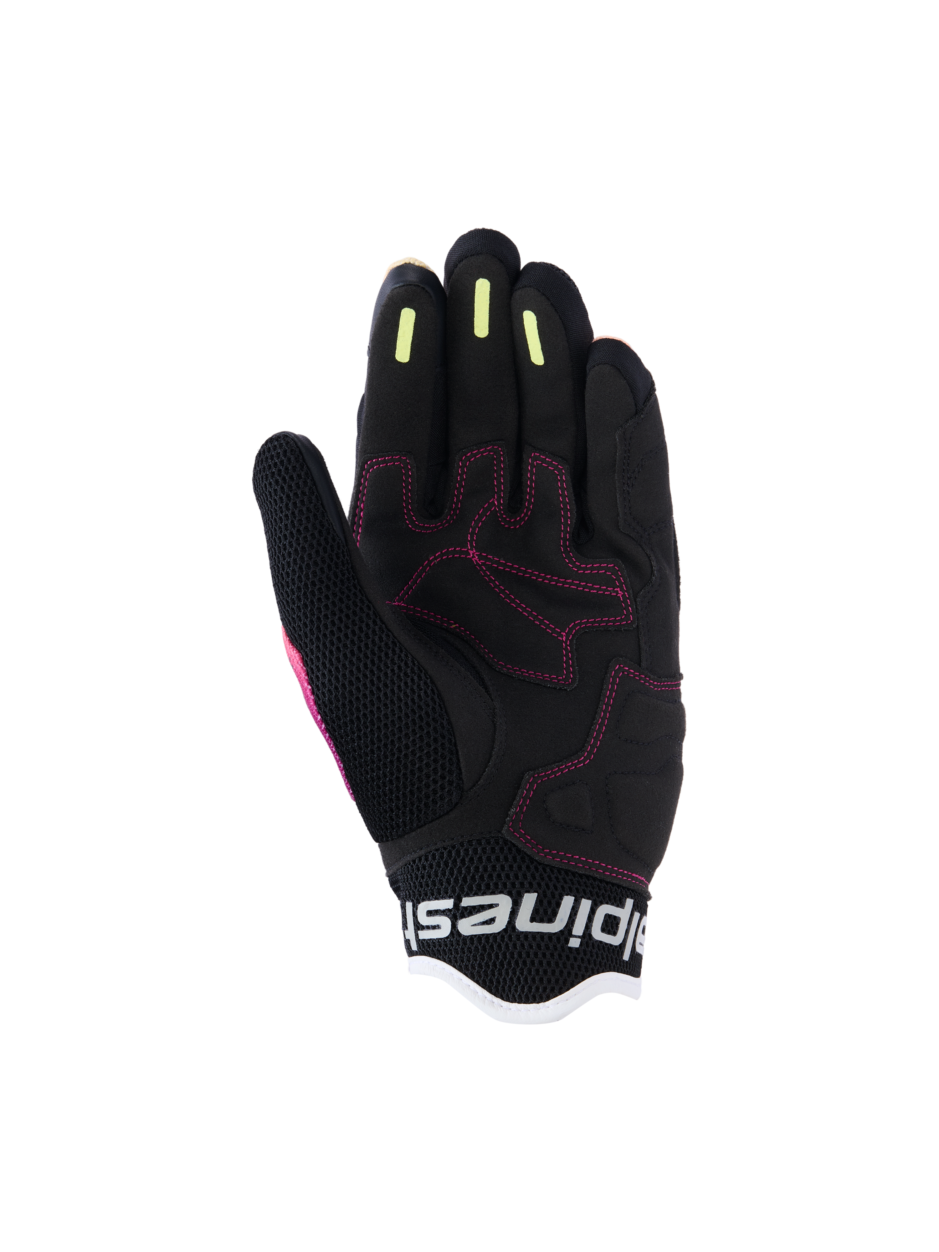 Alpinestars Stella Mogress Airflow dameshandschoenen, urban motorhandschoenen, Fading Coral Black, gedetailleerd zicht op de handpalm met roze stiksels, gele siliconen gripstrips op de vingers en ademende mesh-constructie
