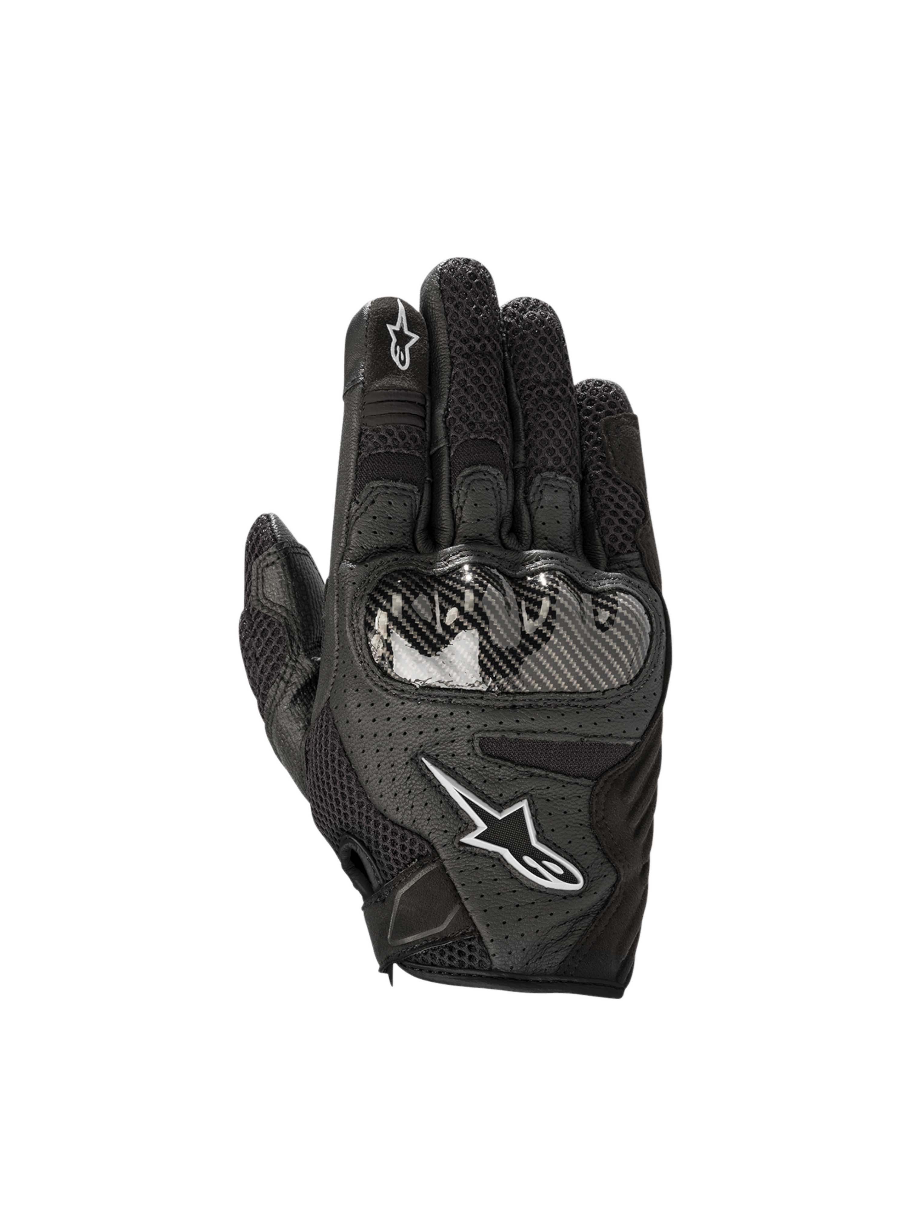Black Alpinestars Stella SMX1-Air V2 women's motorcycle gloves with perforated leather and hard knuckle protection.
