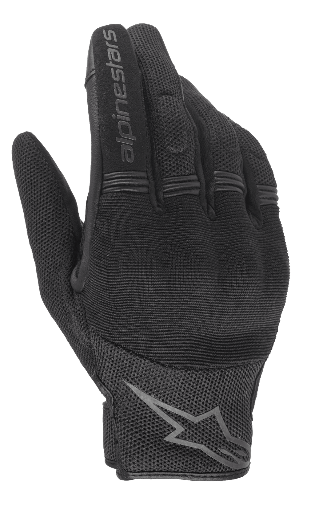 Gants femme Alpinestars Stella Copper, gants de moto urbains noirs, vue du dos de la main avec protection rigide des articulations, textile en maille respirante et logo Alpinestars sur l'index et le poignet.